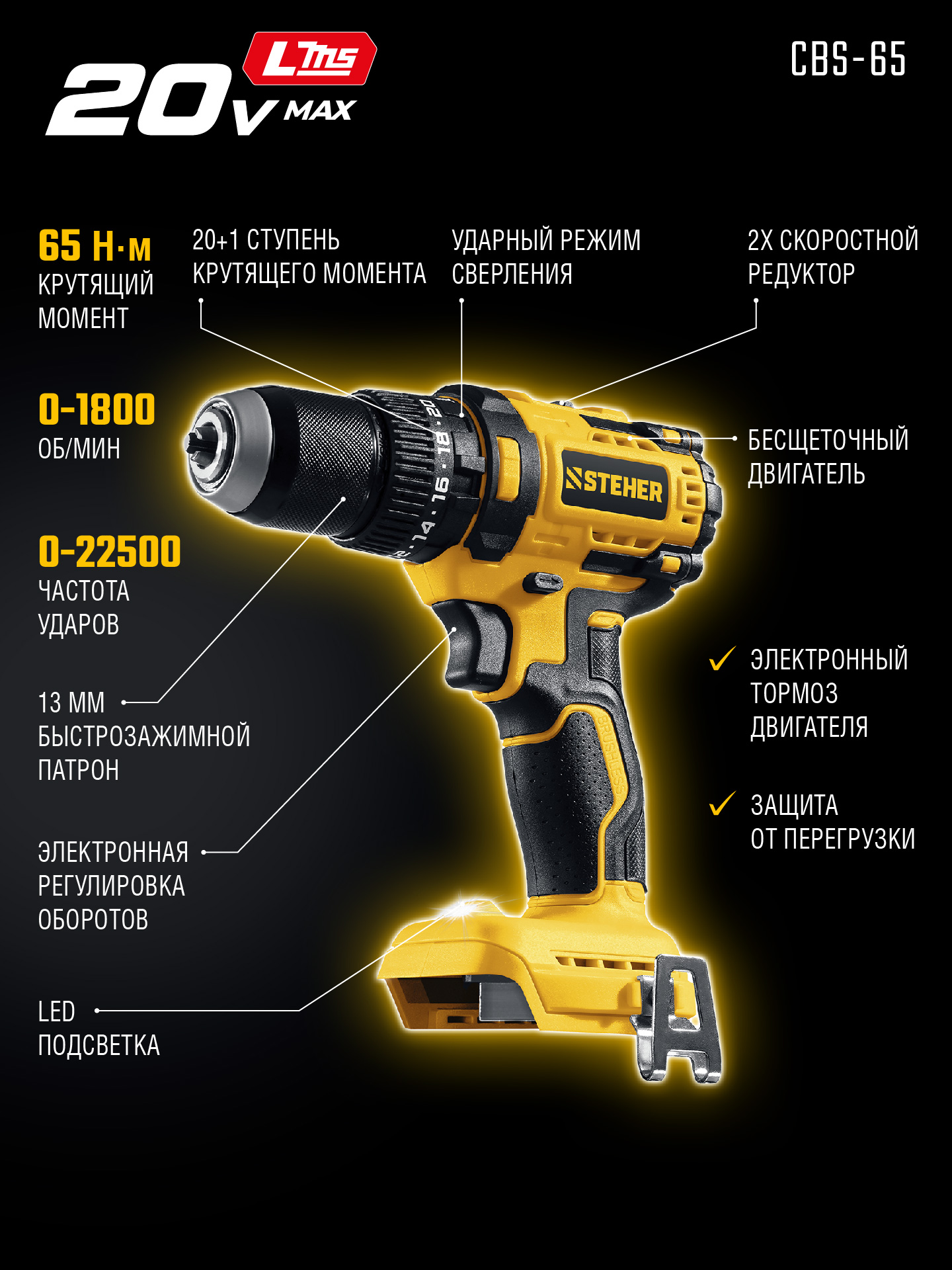 STEHER 20 В, 65 Н·м, без АКБ (LMS), бесщеточная ударная дрель-шуруповерт (CBS-65) — фото 3