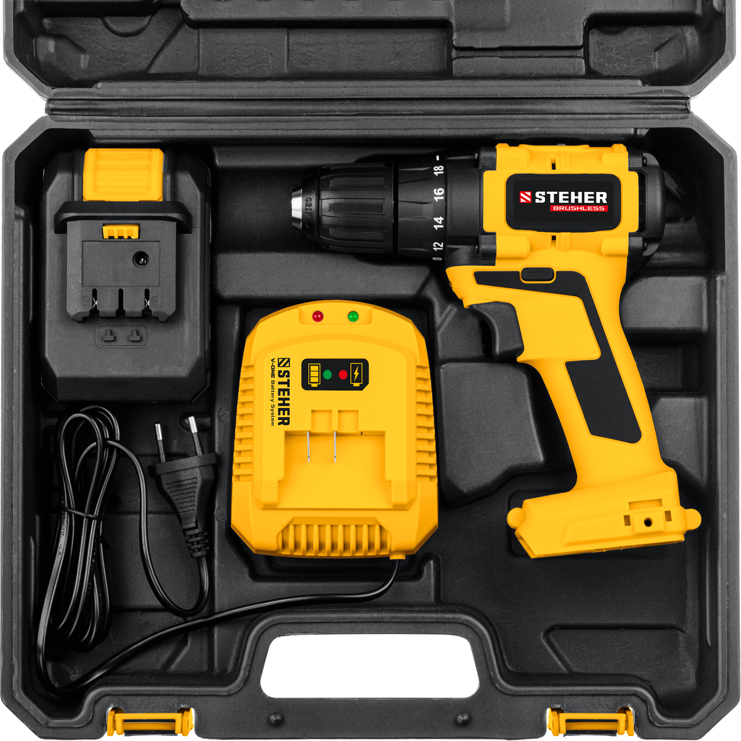 STEHER V1, 20 В, 45 Н·м, 1 АКБ (2 А·ч), бесщеточная дрель-шуруповерт, кейс (CDB-200-1) — фото 14