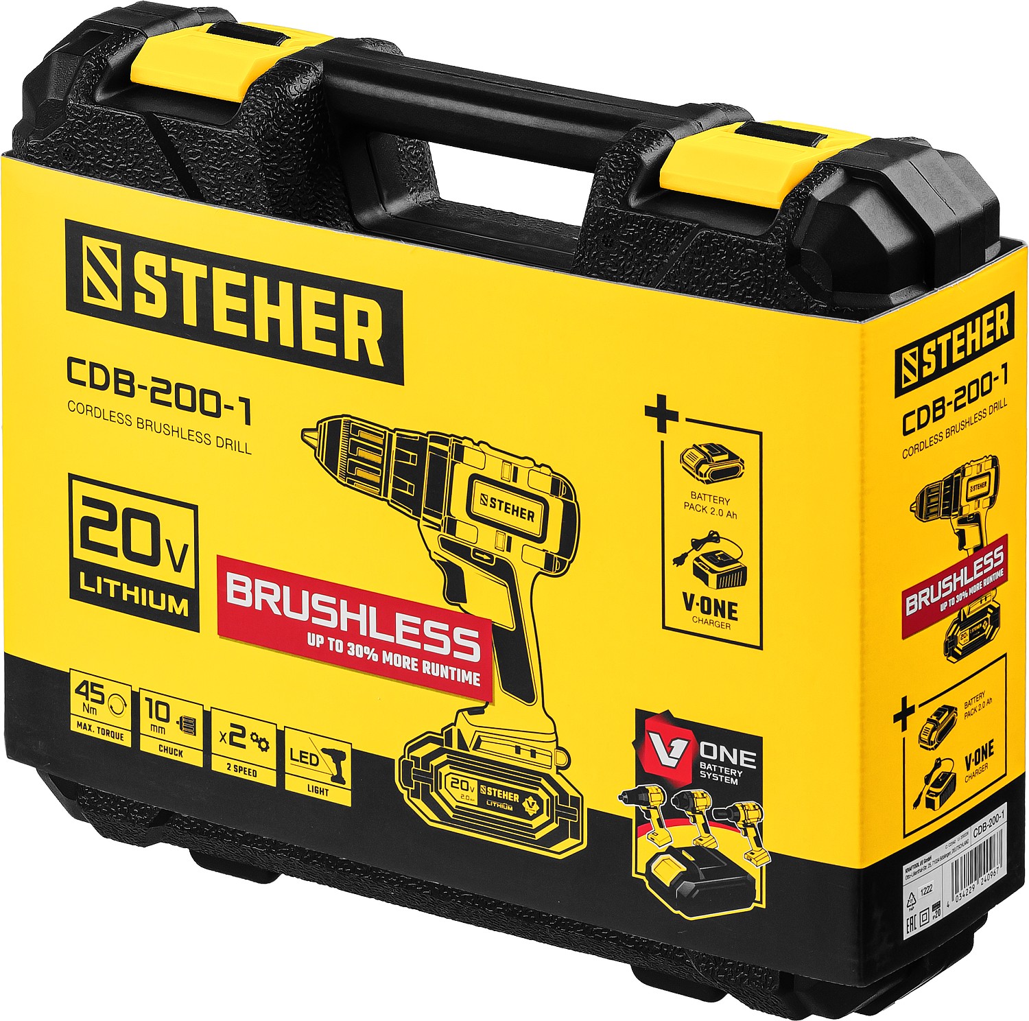 STEHER V1, 20 В, 45 Н·м, 1 АКБ (2 А·ч), бесщеточная дрель-шуруповерт, кейс (CDB-200-1) — фото 17