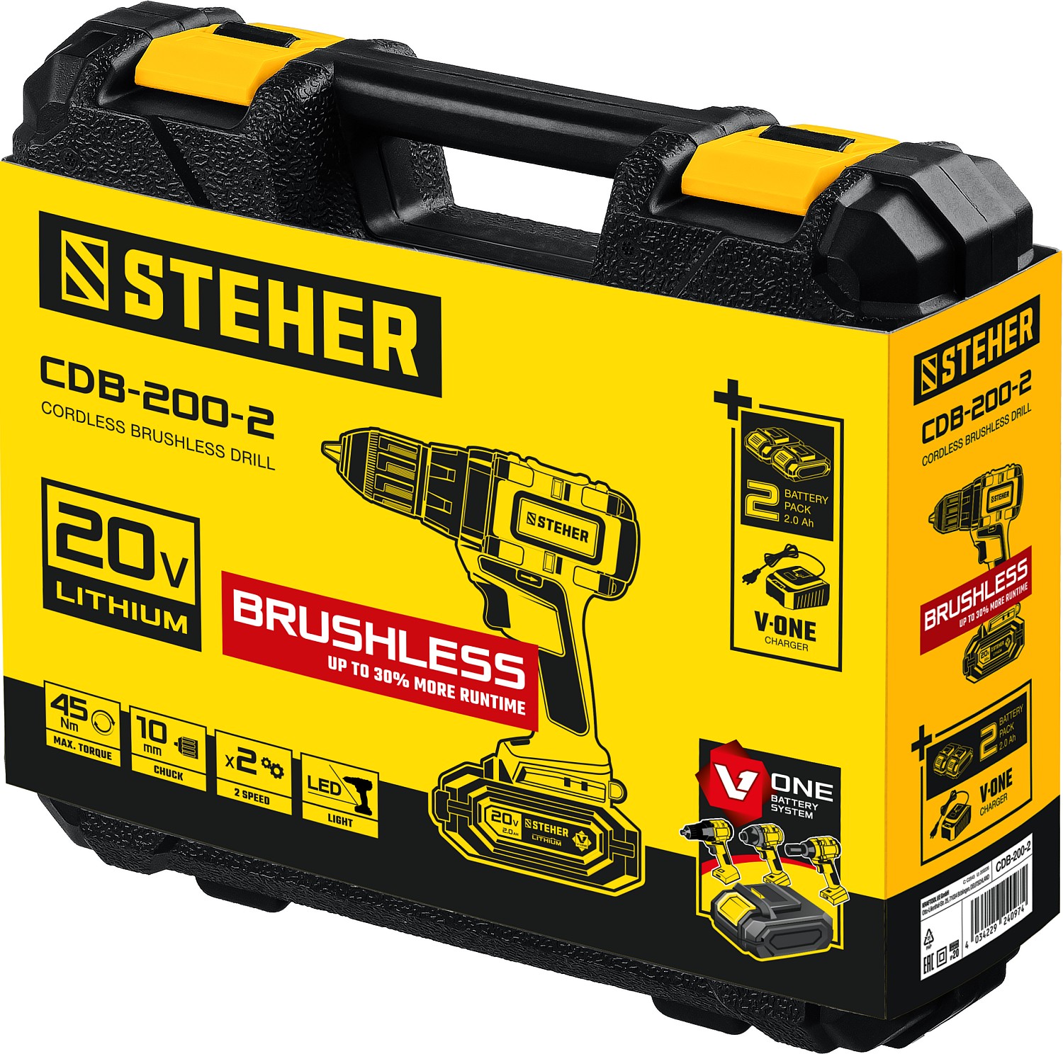 STEHER V1, 20 В, 45 Н·м, 2 АКБ (2 А·ч), бесщеточная дрель-шуруповерт, кейс (CDB-200-2) — фото 16