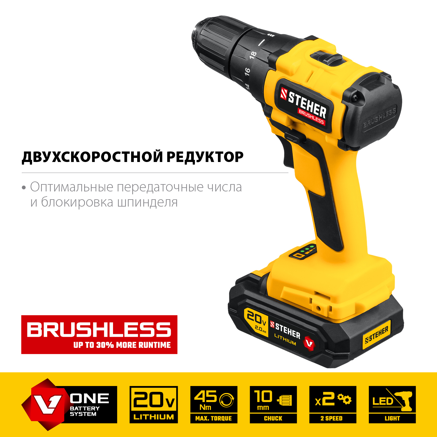 STEHER V1, 20 В, 45 Н·м, 2 АКБ (2 А·ч), бесщеточная дрель-шуруповерт, кейс (CDB-200-2) — фото 5