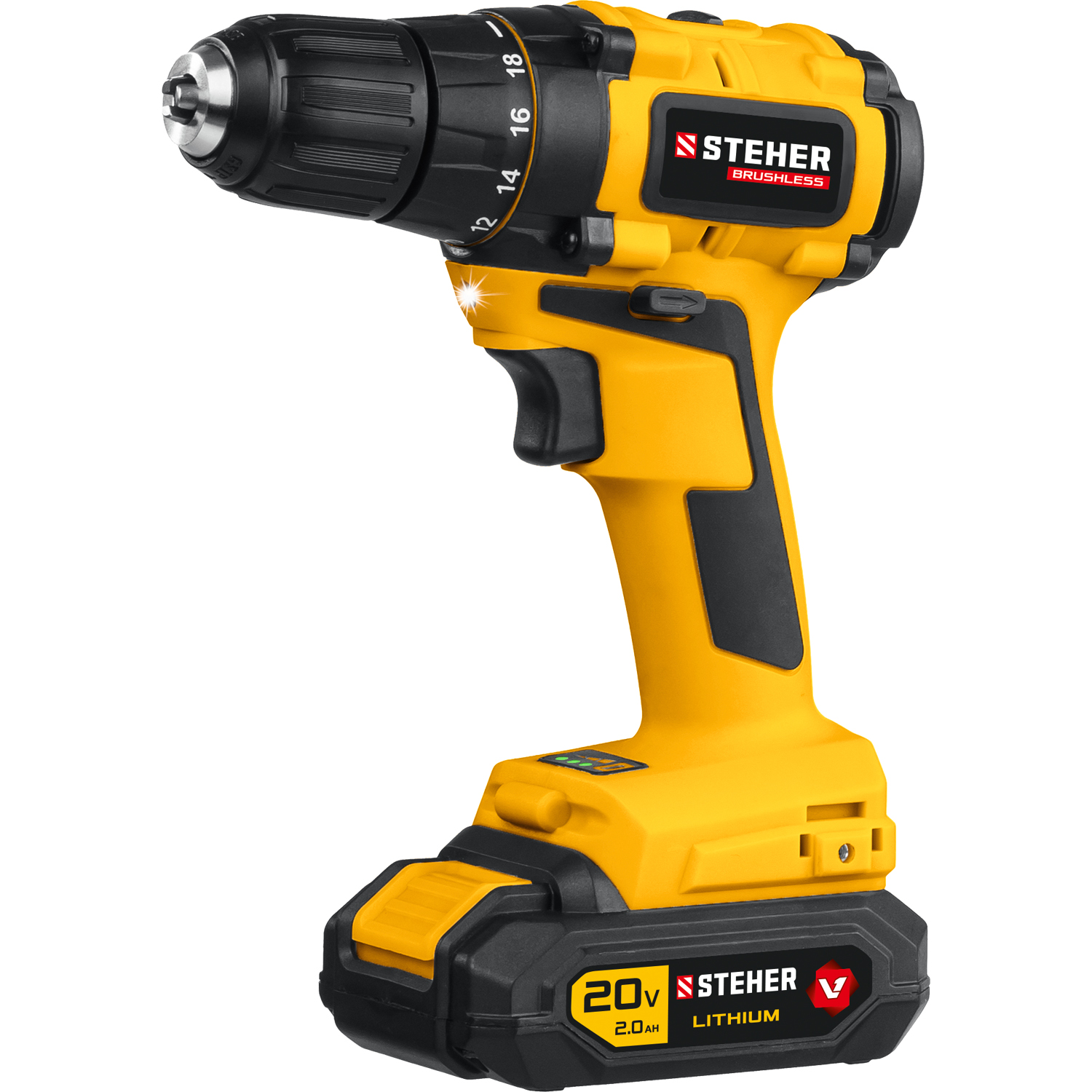 STEHER V1, 20 В, 45 Н·м, 2 АКБ (2 А·ч), бесщеточная дрель-шуруповерт, кейс (CDB-200-2) — фото 9