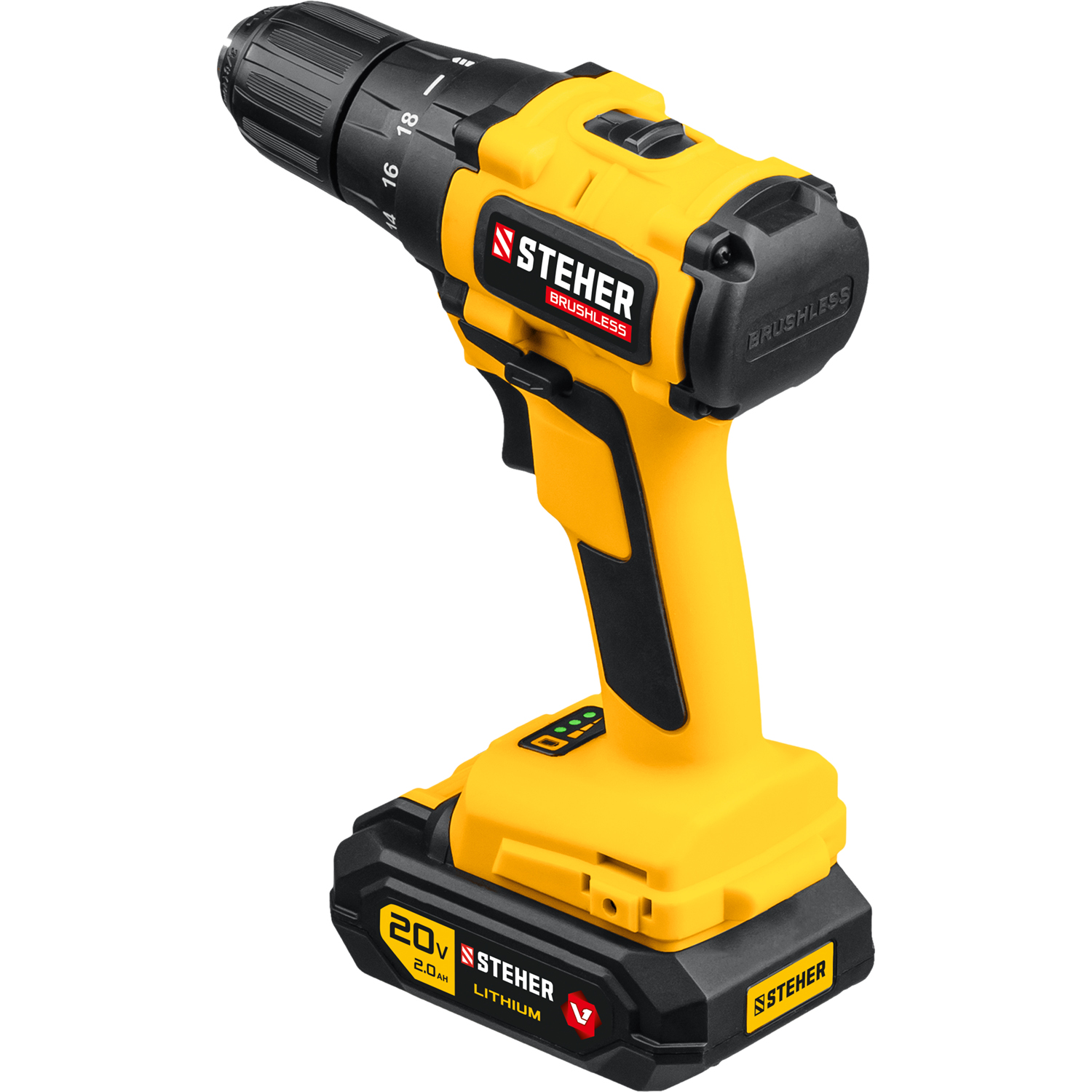 STEHER V1, 20 В, 45 Н·м, 2 АКБ (2 А·ч), бесщеточная дрель-шуруповерт, кейс (CDB-200-2) — фото 10