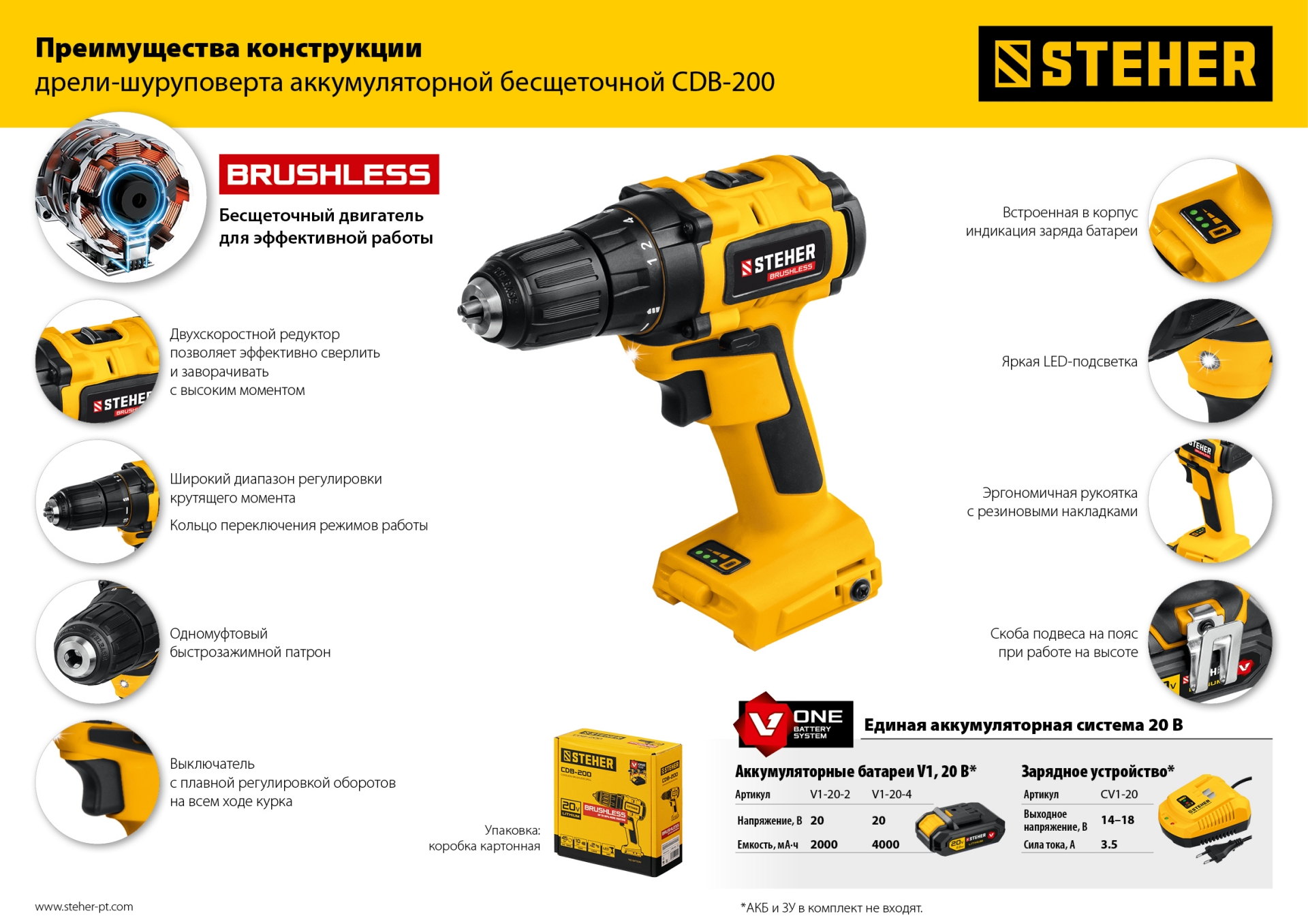 STEHER V1, 20 В, 45 Н·м, без АКБ, бесщеточная дрель-шуруповерт (CDB-200) — фото 16