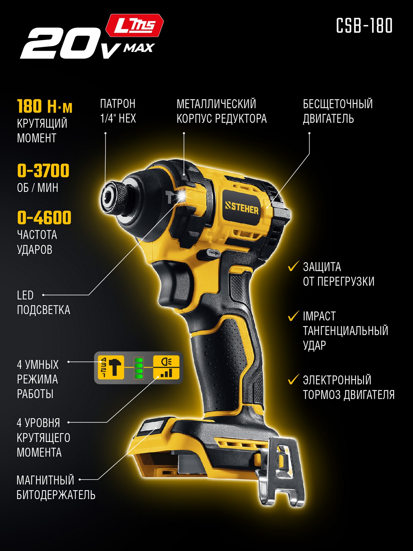 STEHER 20 В, 180 Н·м, без АКБ (LMS), бесщеточный ударный винтоверт (CSB-180) — фото 3
