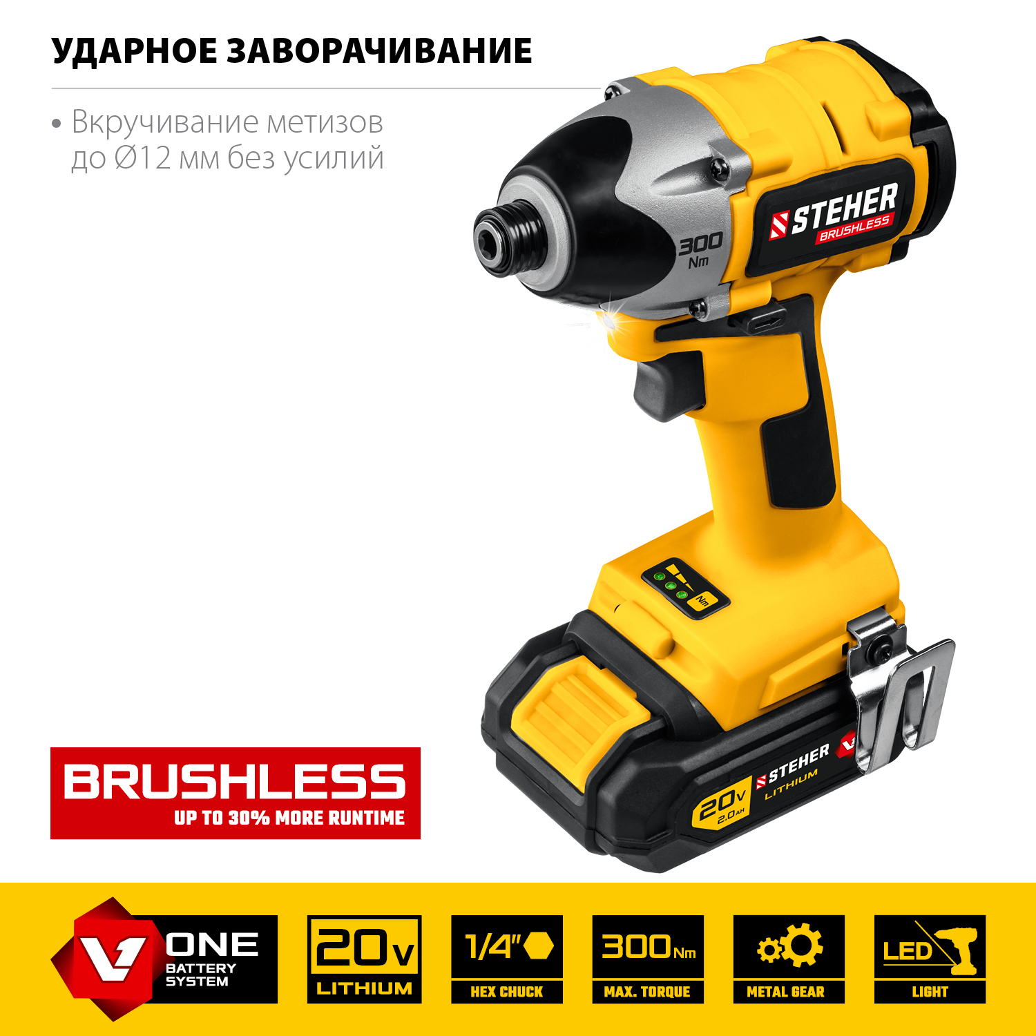 STEHER V1, 20 В, 300 Н·м, 2 АКБ (2 А·ч), бесщеточный винтоверт, кейс (CSB-300-2) — фото 6