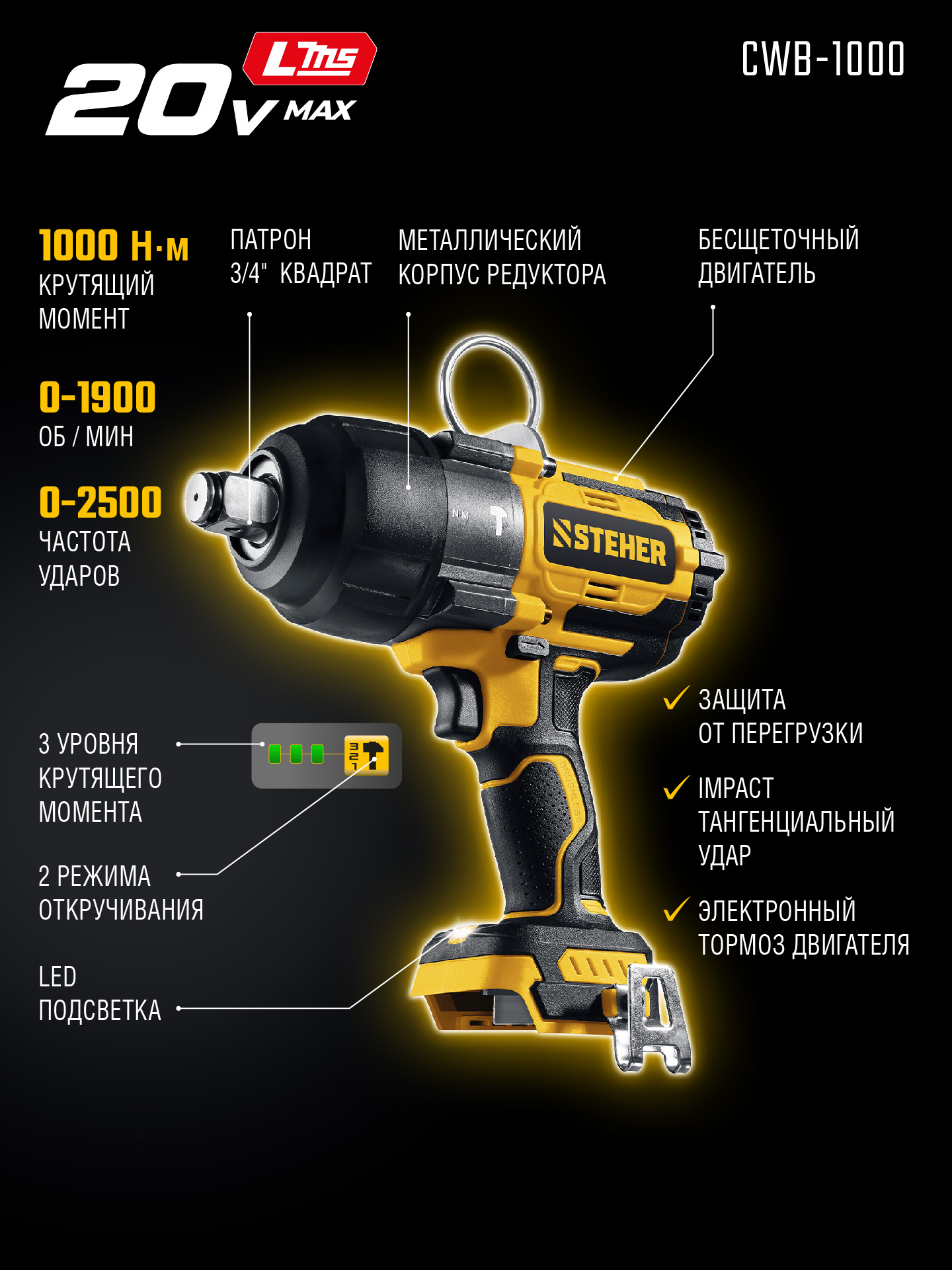 STEHER 20 В, 1000 Н·м, без АКБ (LMS), бесщеточный ударный гайковерт (CWB-1000) — фото 3