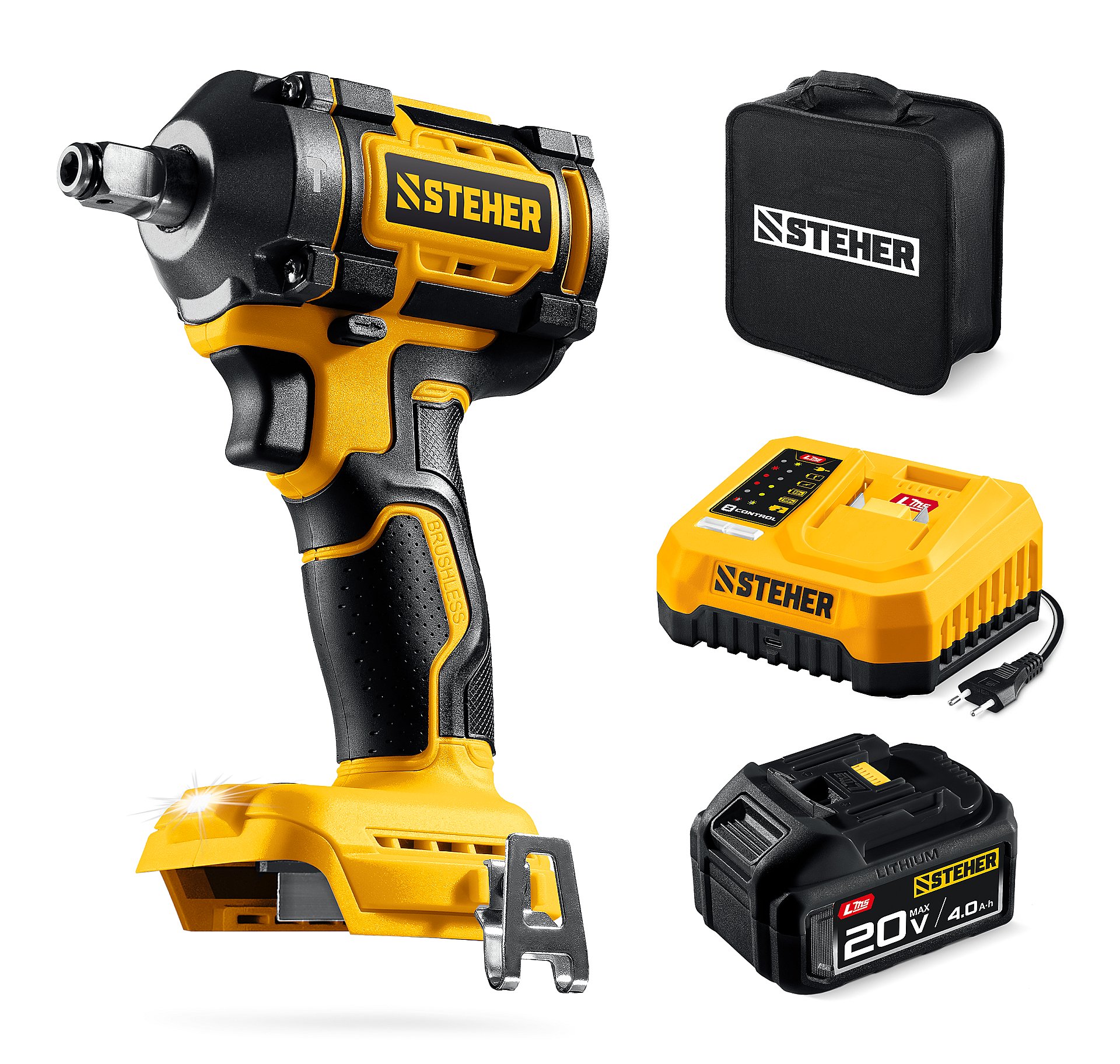 STEHER 20 В, 350 Н·м, 1 АКБ LMS (4 А·ч), бесщеточный ударный гайковерт, сумка (CWB-350-41)