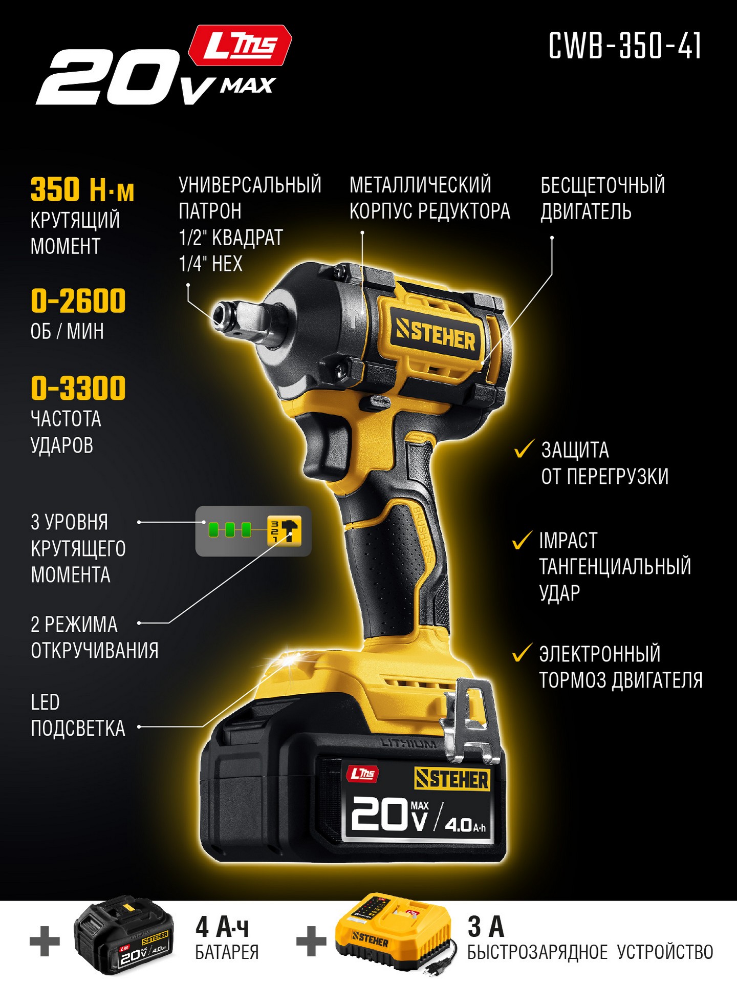 STEHER 20 В, 350 Н·м, 1 АКБ LMS (4 А·ч), бесщеточный ударный гайковерт, сумка (CWB-350-41) — фото 3
