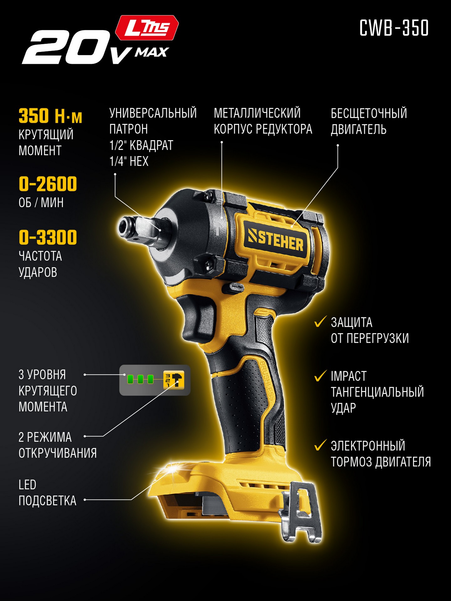 STEHER 20 В, 350 Н·м, без АКБ (LMS), бесщеточный ударный гайковерт (CWB-350) — фото 3