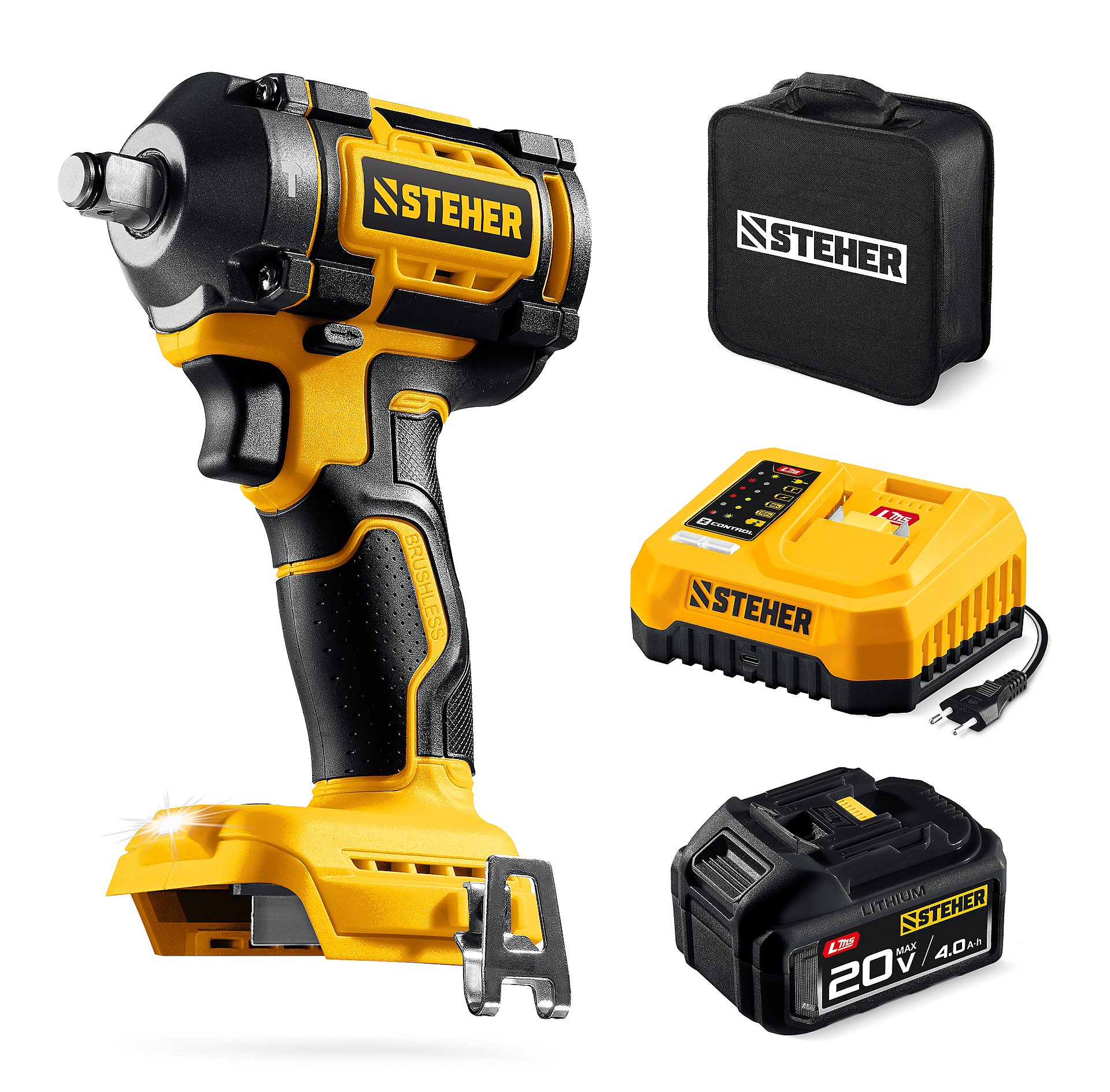 STEHER 20 В, 500 Н·м, 1 АКБ LMS (4 А·ч), бесщеточный ударный гайковерт, сумка (CWB-500-41)