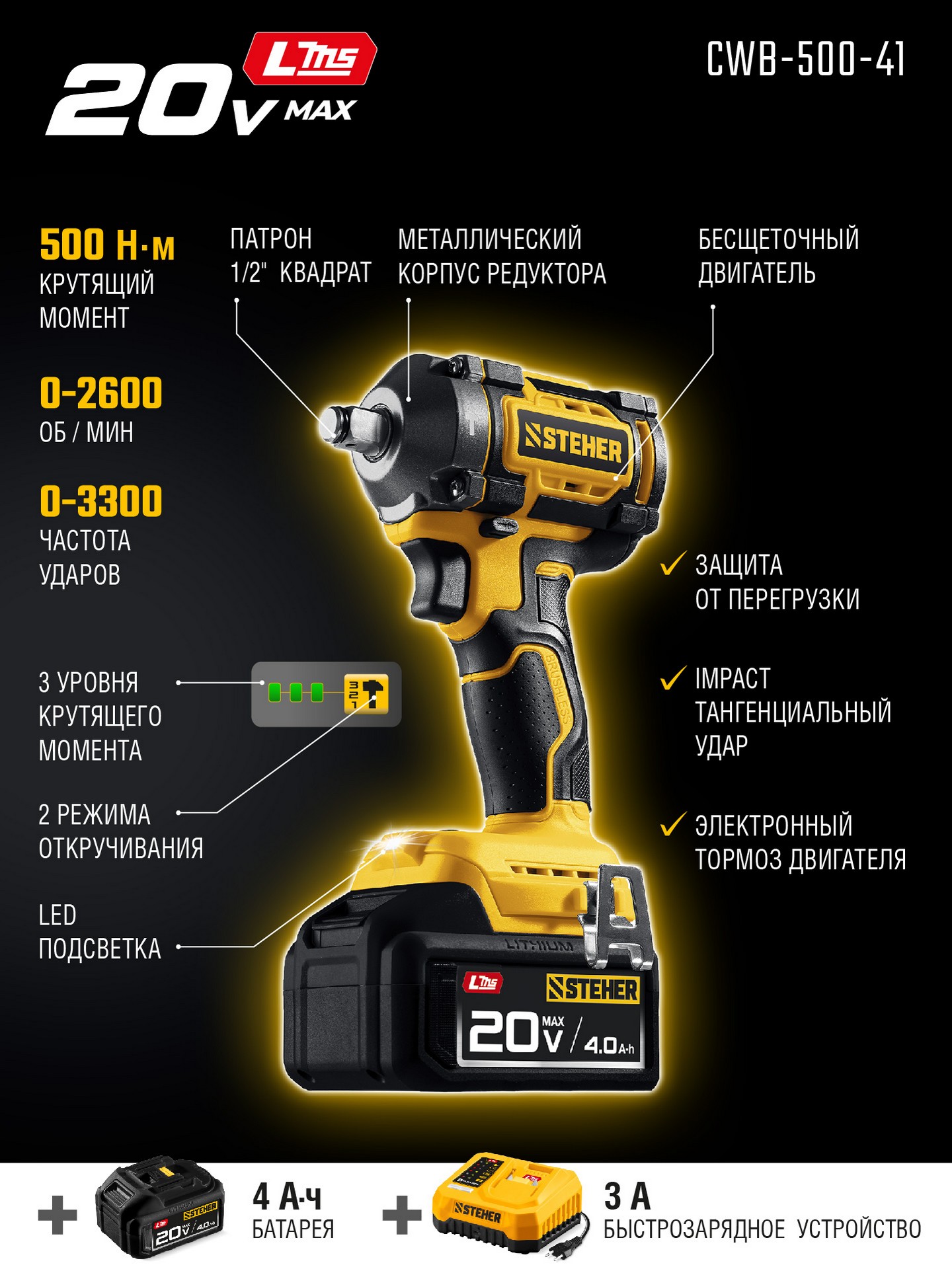STEHER 20 В, 500 Н·м, 1 АКБ LMS (4 А·ч), бесщеточный ударный гайковерт, сумка (CWB-500-41) — фото 3