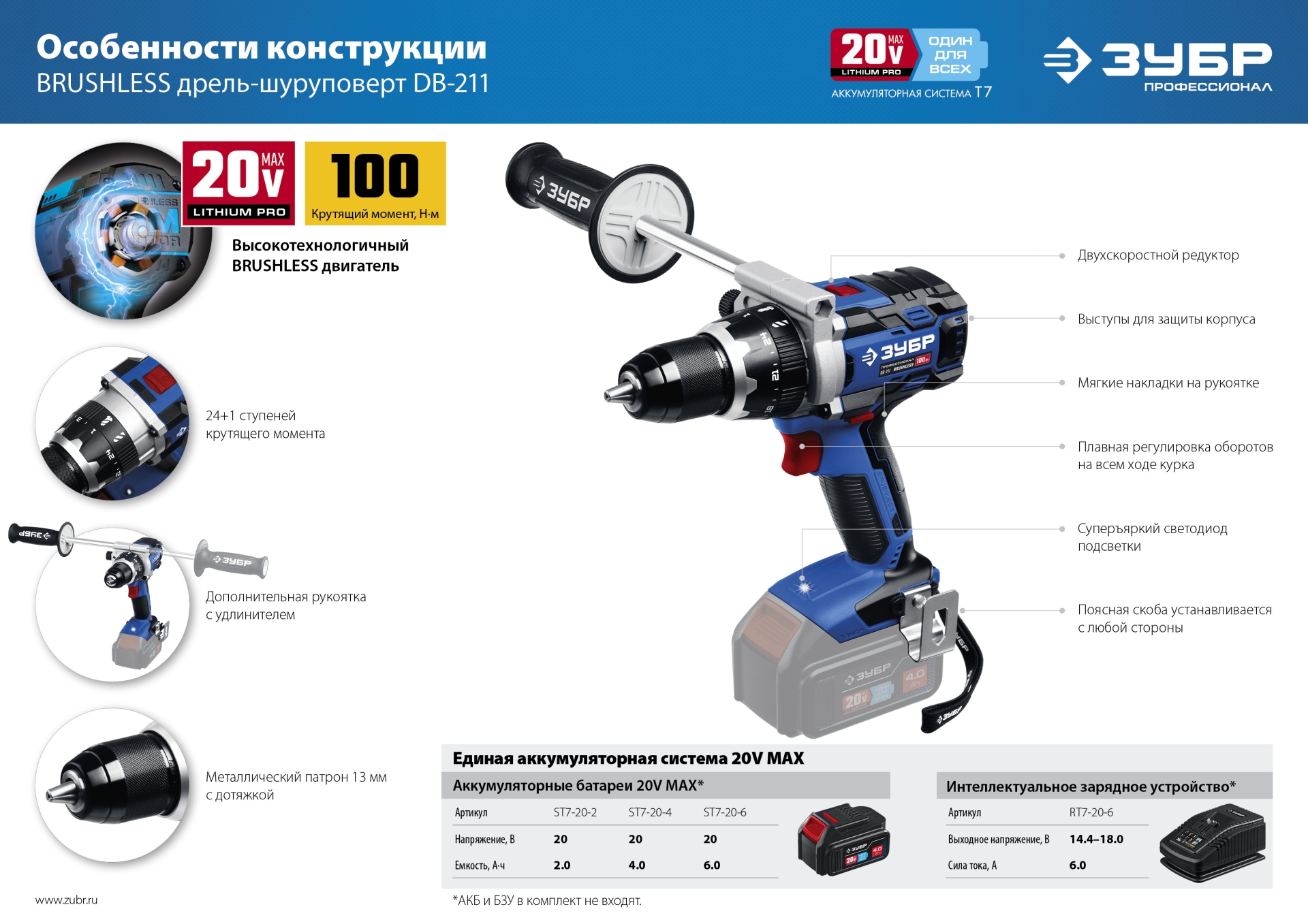 ЗУБР Т7, 20 В, 100 Н·м, 2 АКБ (4 А·ч), бесщеточная дрель-шуруповерт, кейс, Профессионал (DB-211-42) — фото 16