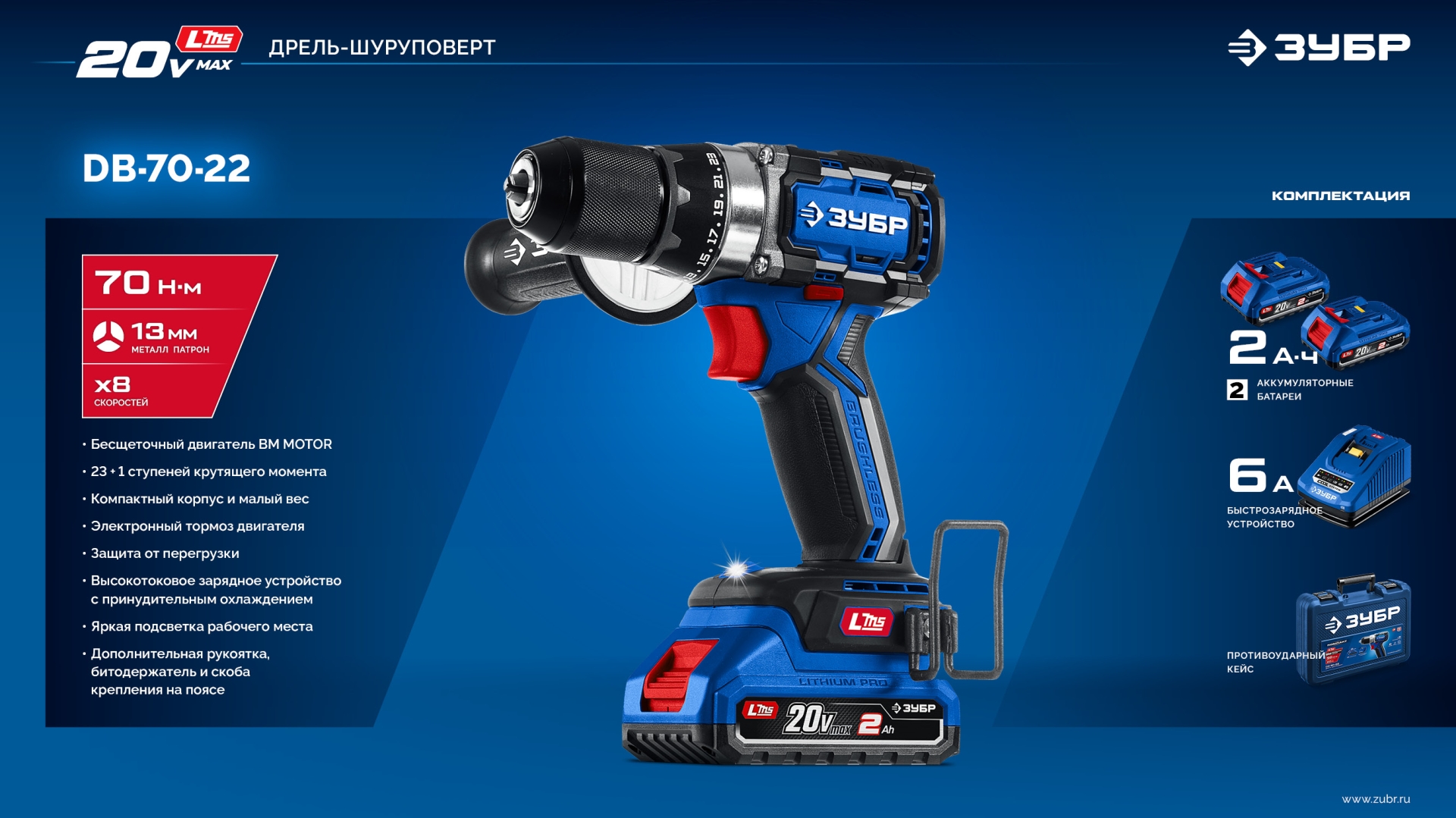ЗУБР 20 В, 70 Н·м, 2 АКБ LMS (2 А·ч), бесщеточная дрель-шуруповерт, кейс, ПРОФЕССИОНАЛ (DB-70-22) — фото 29