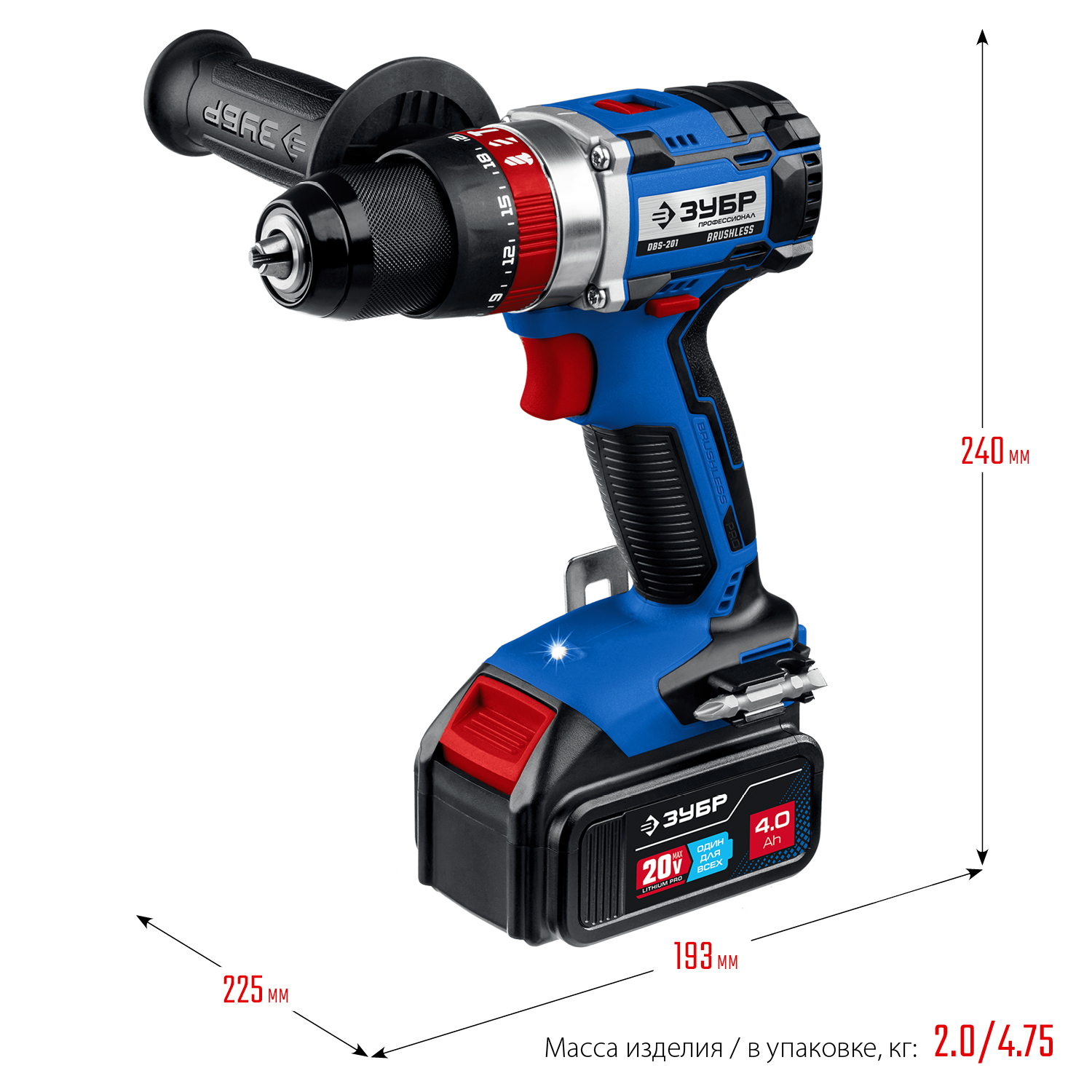 ЗУБР Т7, 20 В, 70 Н·м, 2 АКБ (4 А·ч), бесщеточная ударная дрель-шуруповерт, кейс, Профессионал (DBS-201-42) — фото 3