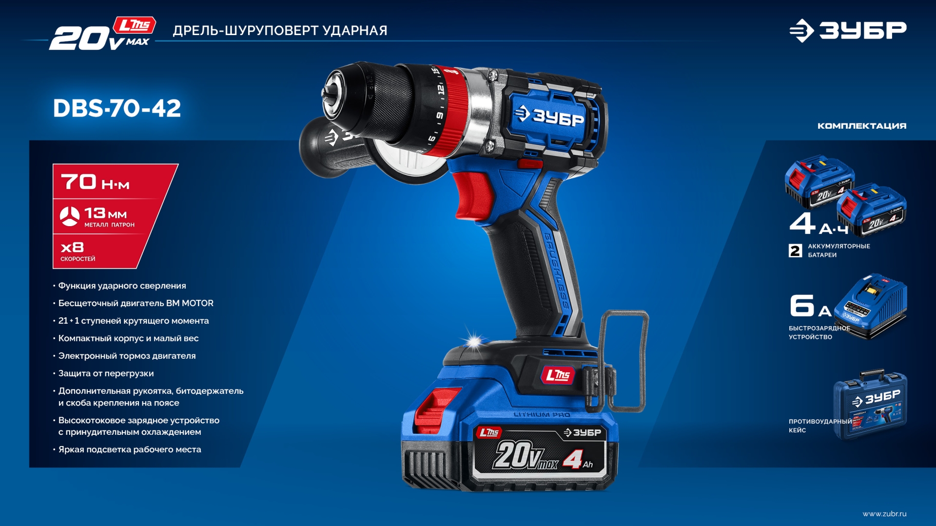 ЗУБР 20 В, 70 Н·м, 2 АКБ LMS (4 А·ч), бесщеточная ударная дрель-шуруповерт, кейс, ПРОФЕССИОНАЛ (DBS-70-42) — фото 30