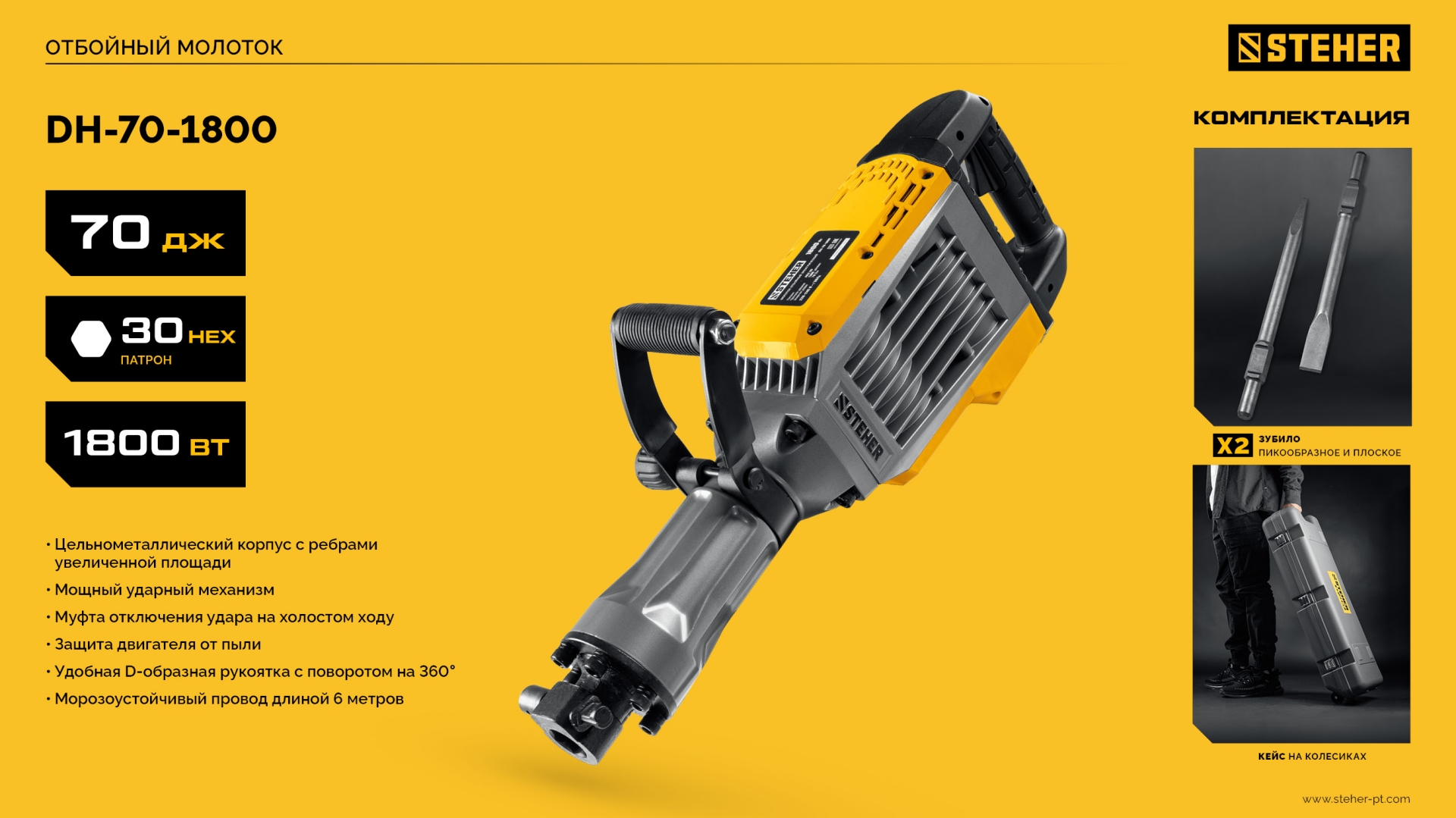 STEHER Бетонолом, 70 Дж, 1800 Вт, отбойный молоток HEX-30 (DH-70-1800) — фото 17