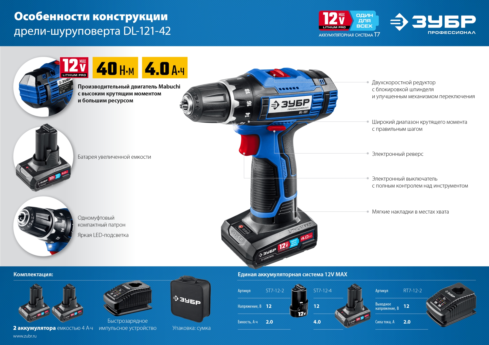 ЗУБР 12 В, 40 Н·м, 2 АКБ тип Т7 (4 А·ч), дрель-шуруповерт, сумка, Профессионал (DL-121-42) — фото 20