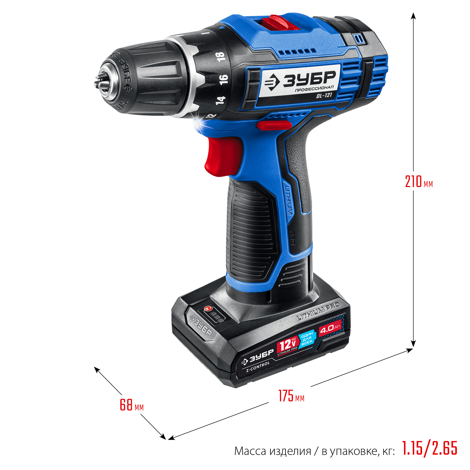 ЗУБР 12 В, 40 Н·м, 2 АКБ тип Т7 (4 А·ч), дрель-шуруповерт, сумка, Профессионал (DL-121-42) — фото 3