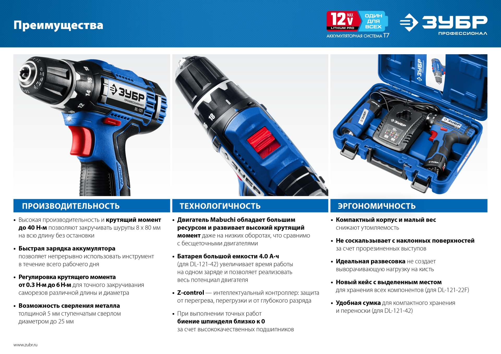 ЗУБР 12 В, 40 Н·м, без АКБ (тип Т7), дрель-шуруповерт, Профессионал (DL-121) — фото 14