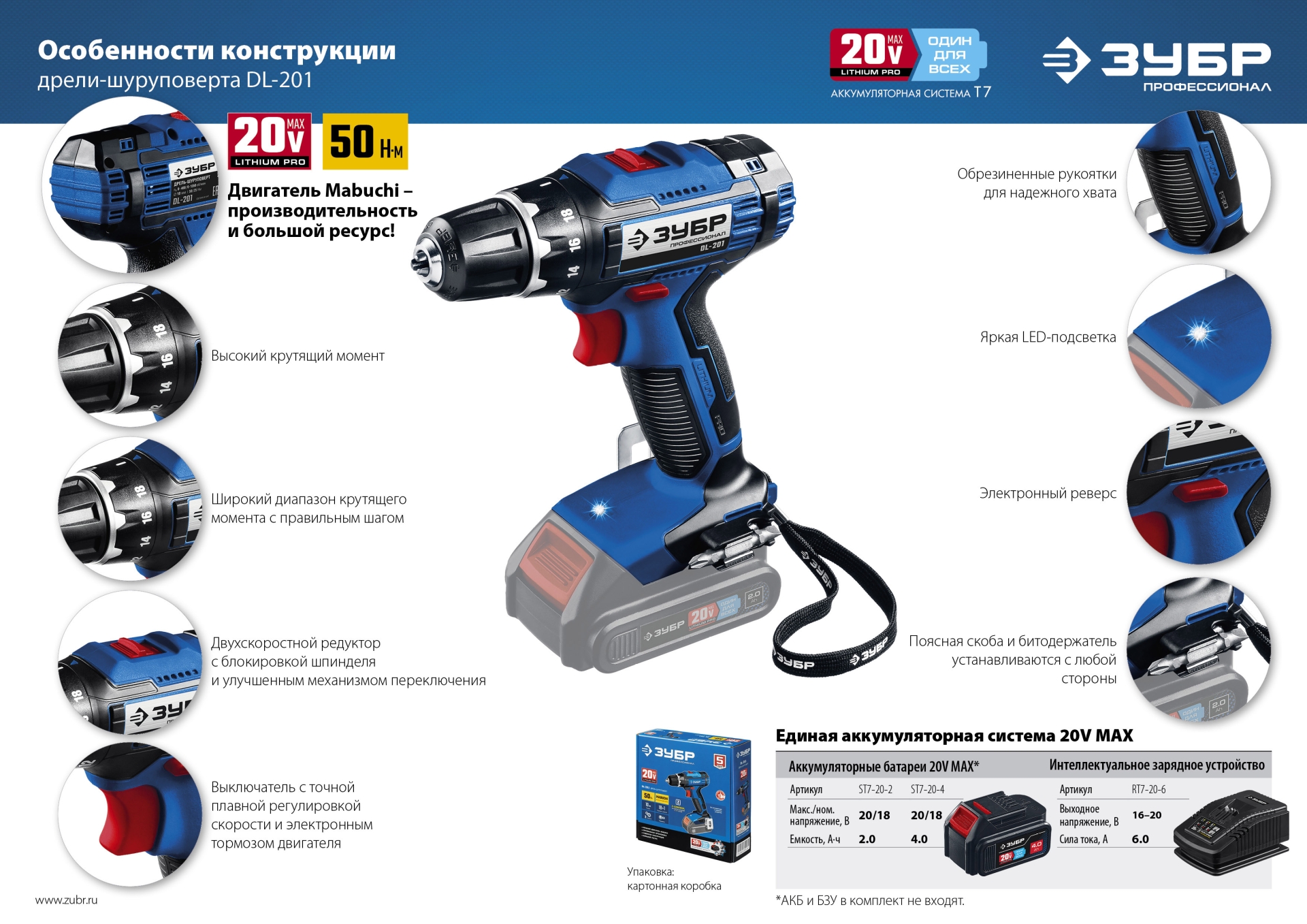 ЗУБР Т7, 20 В, 50 Н·м, без АКБ, дрель-шуруповерт, Профессионал (DL-201) — фото 17