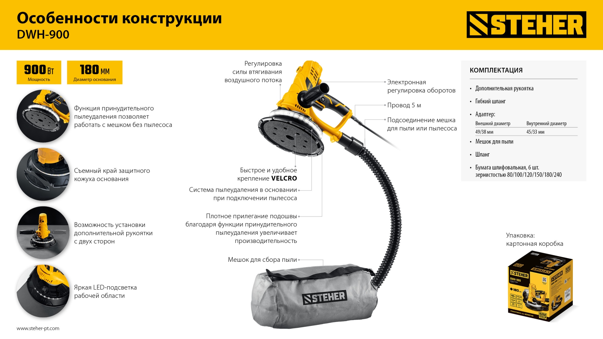 STEHER d180 мм, 900 Вт, подсветка, шлифовальная машина для стен (DWH-900) — фото 15