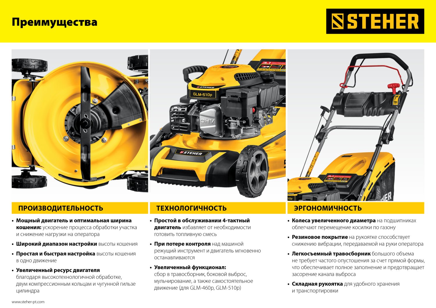STEHER 460 мм, 4.5 л.с., бензиновая самоходная газонокосилка (GLM-460p) — фото 16