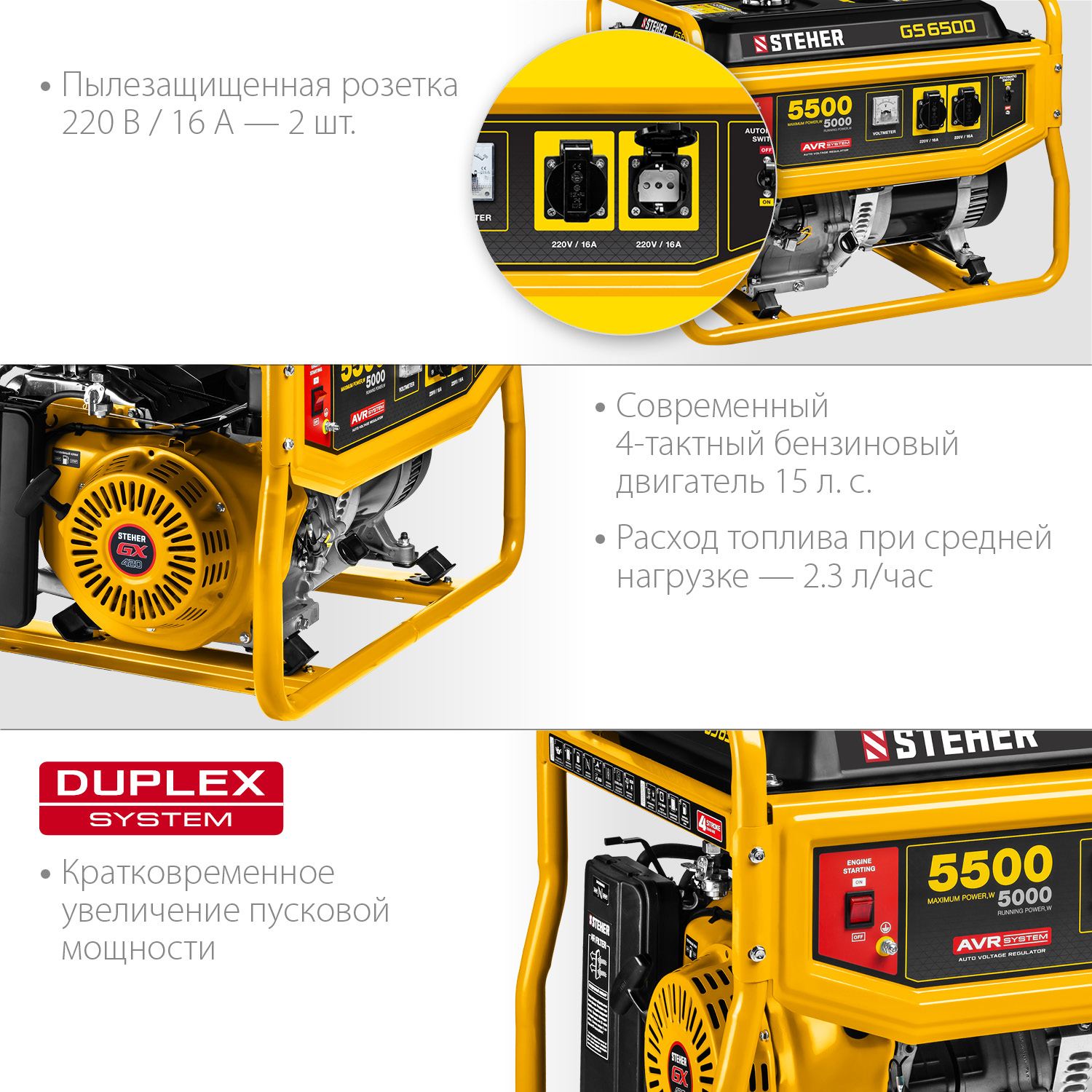 STEHER 5500 Вт, бензиновый генератор (GS-6500) — фото 5