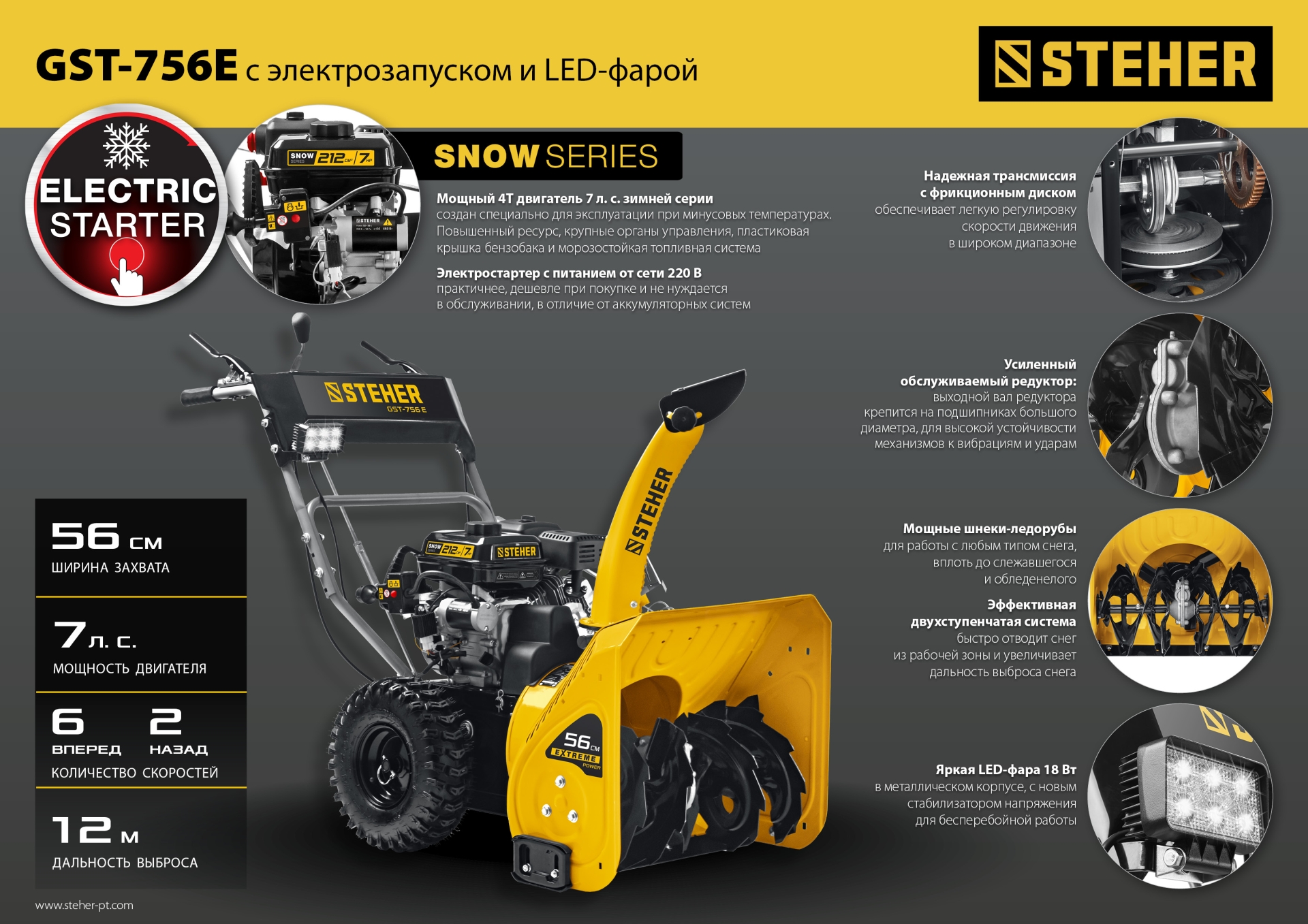 STEHER 56 см, бензиновый снегоуборщик с электростартером, EXTREM (GST-756E) — фото 27
