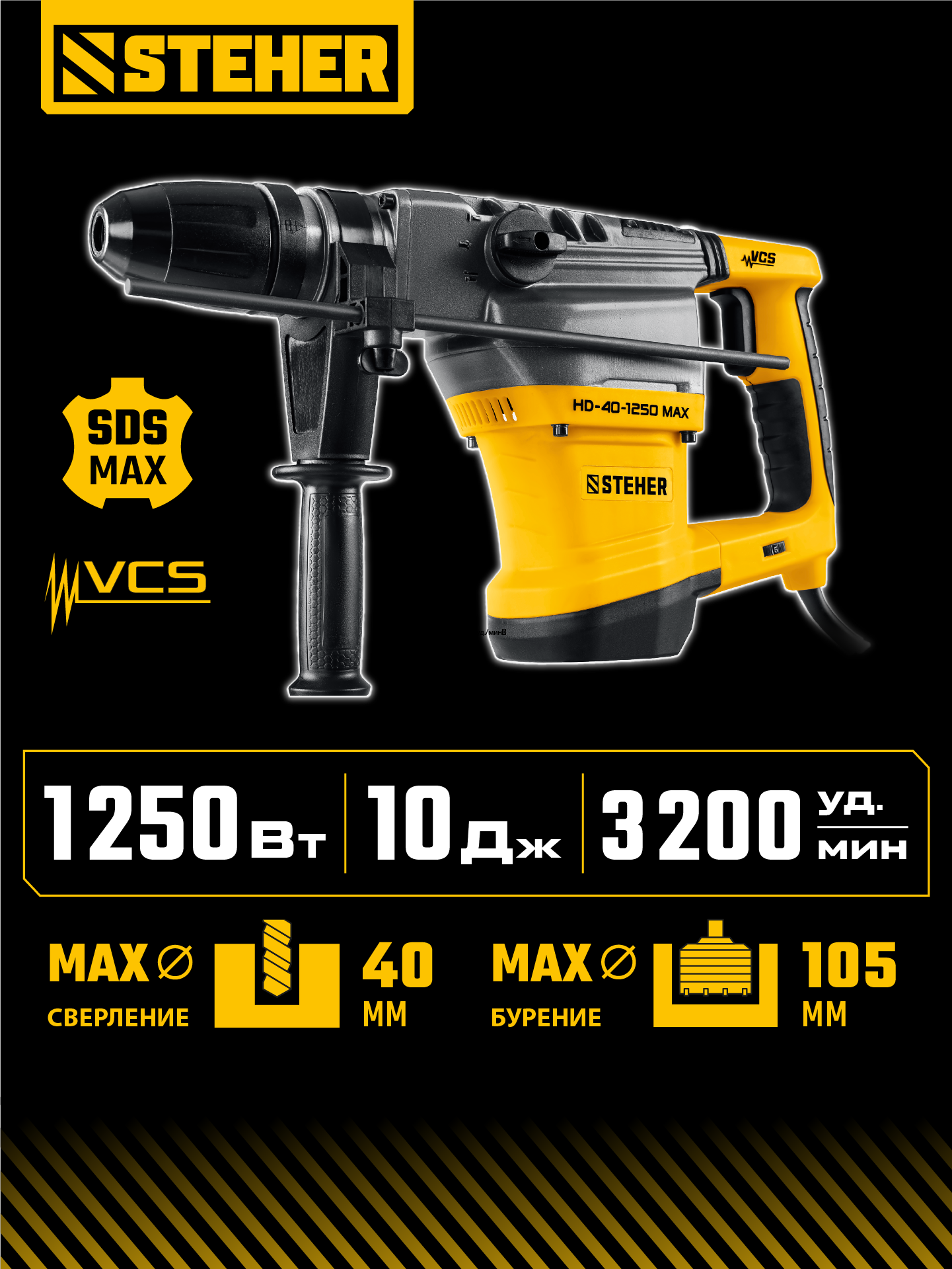 STEHER 40 мм, 1250 Вт, перфоратор SDS-Max (HD-40-1250 MAX) — фото 2