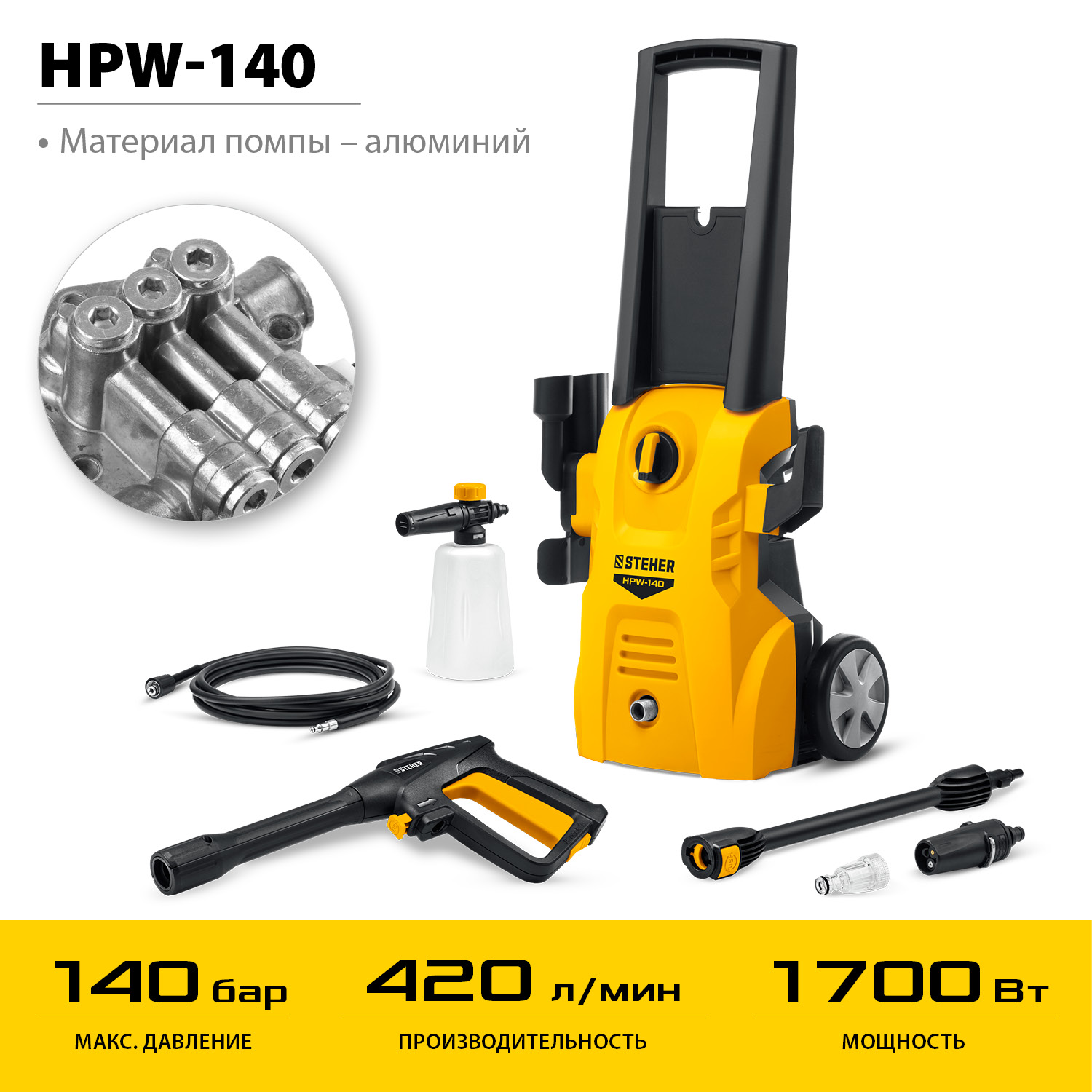 STEHER 140 Атм, 1700 Вт, мойка высокого давления, пистолет G-180 (HPW-140) — фото 4
