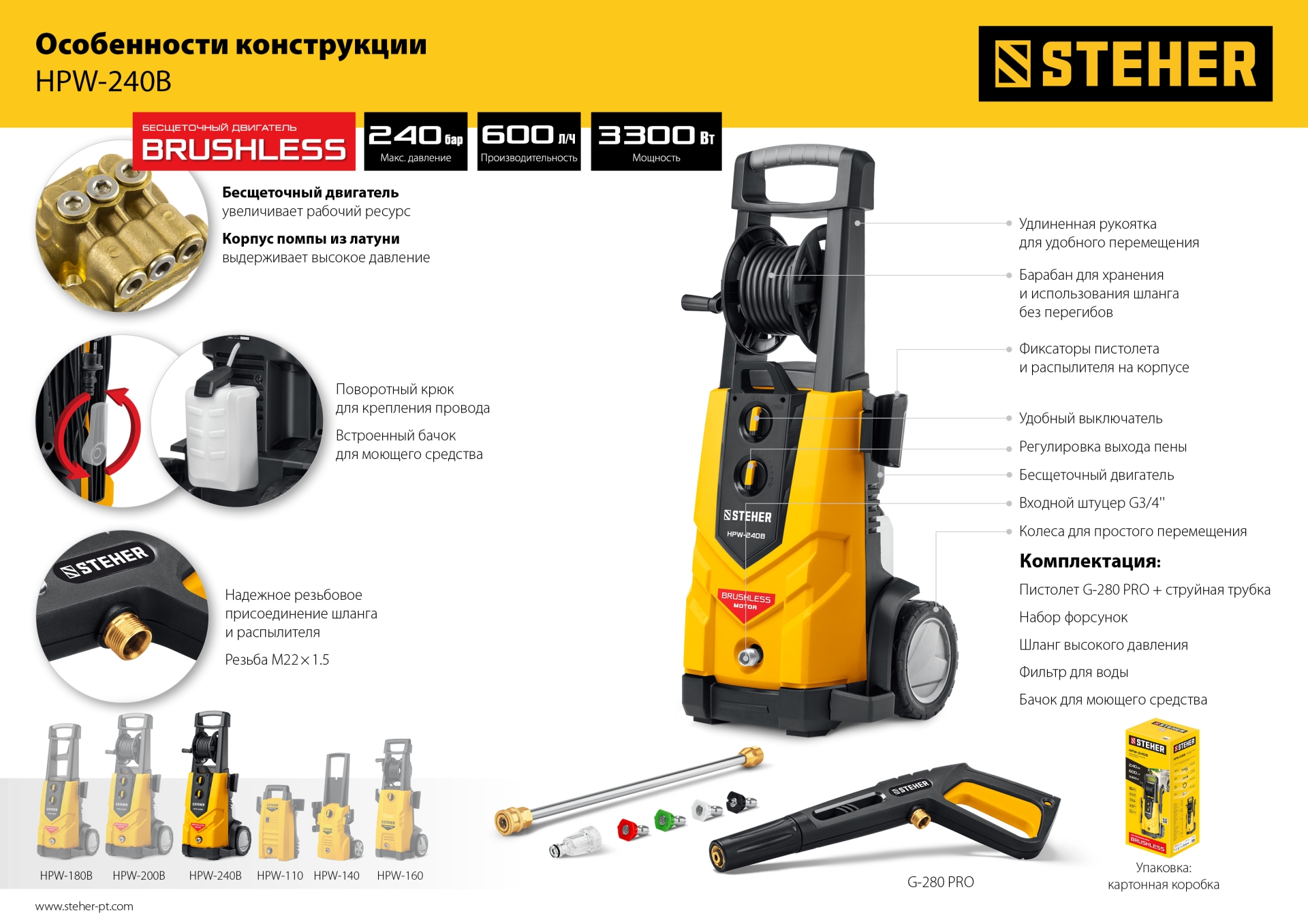 STEHER 240 Атм, 3300 Вт, мойка высокого давления, пистолет G-280 PRO (HPW-240B) — фото 19