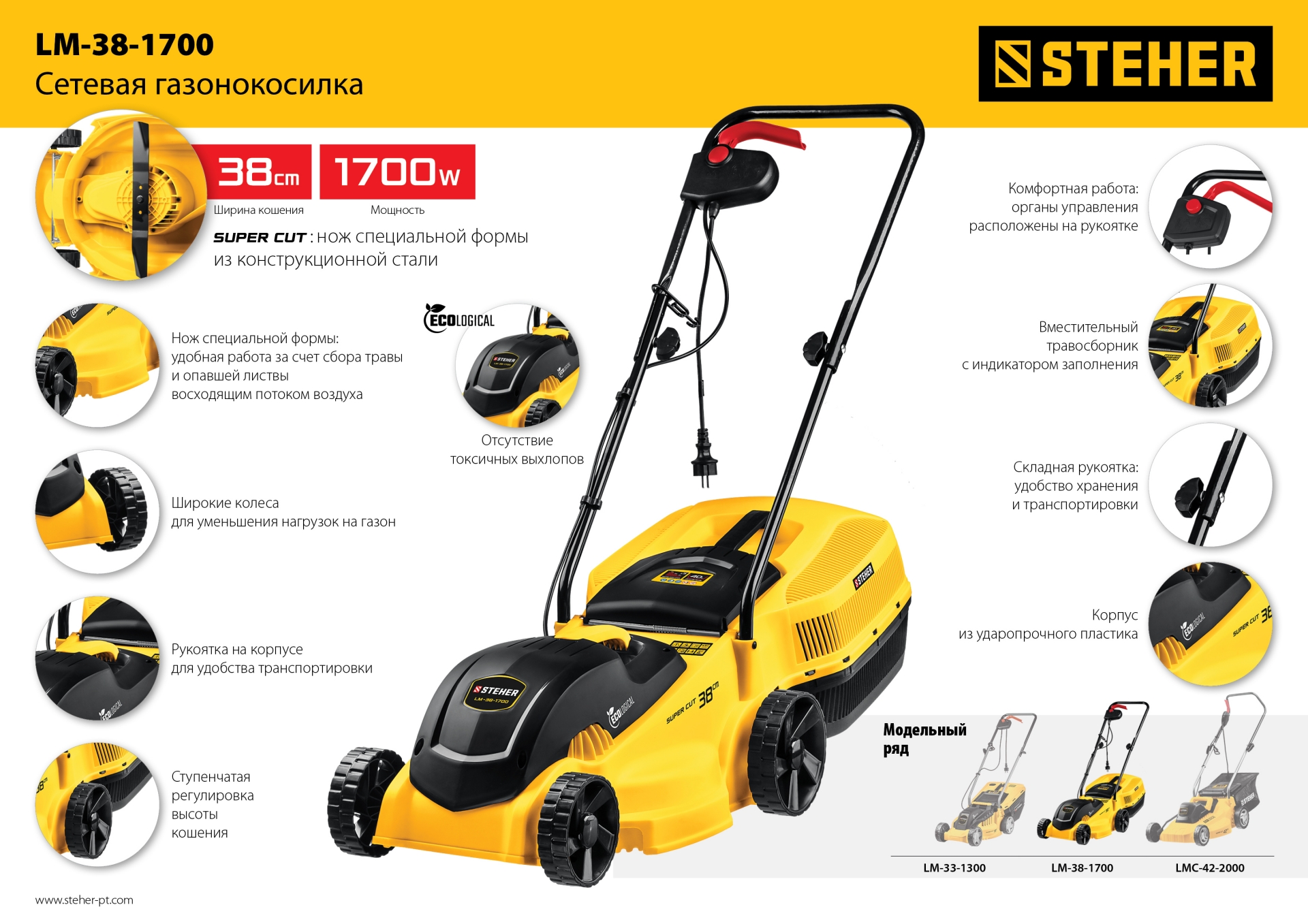 STEHER 1700 Вт, ш/с 38 cм, сетевая газонокосилка (LM-38-1700) — фото 12