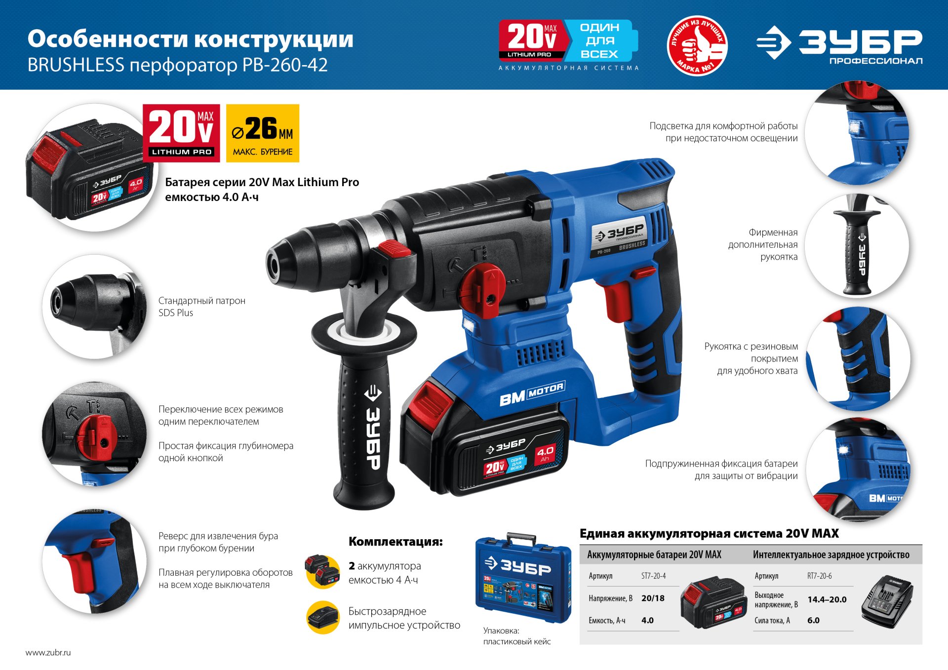 ЗУБР Т7, 20 В, 26 мм, 2 АКБ (4 А·ч), бесщеточный перфоратор, кейс, Профессионал (PB-260-42) — фото 22