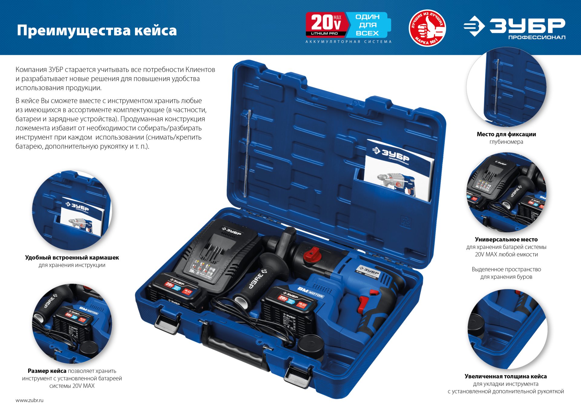 ЗУБР Т7, 20 В, 26 мм, 2 АКБ (4 А·ч), бесщеточный перфоратор, кейс, Профессионал (PB-260-42) — фото 23