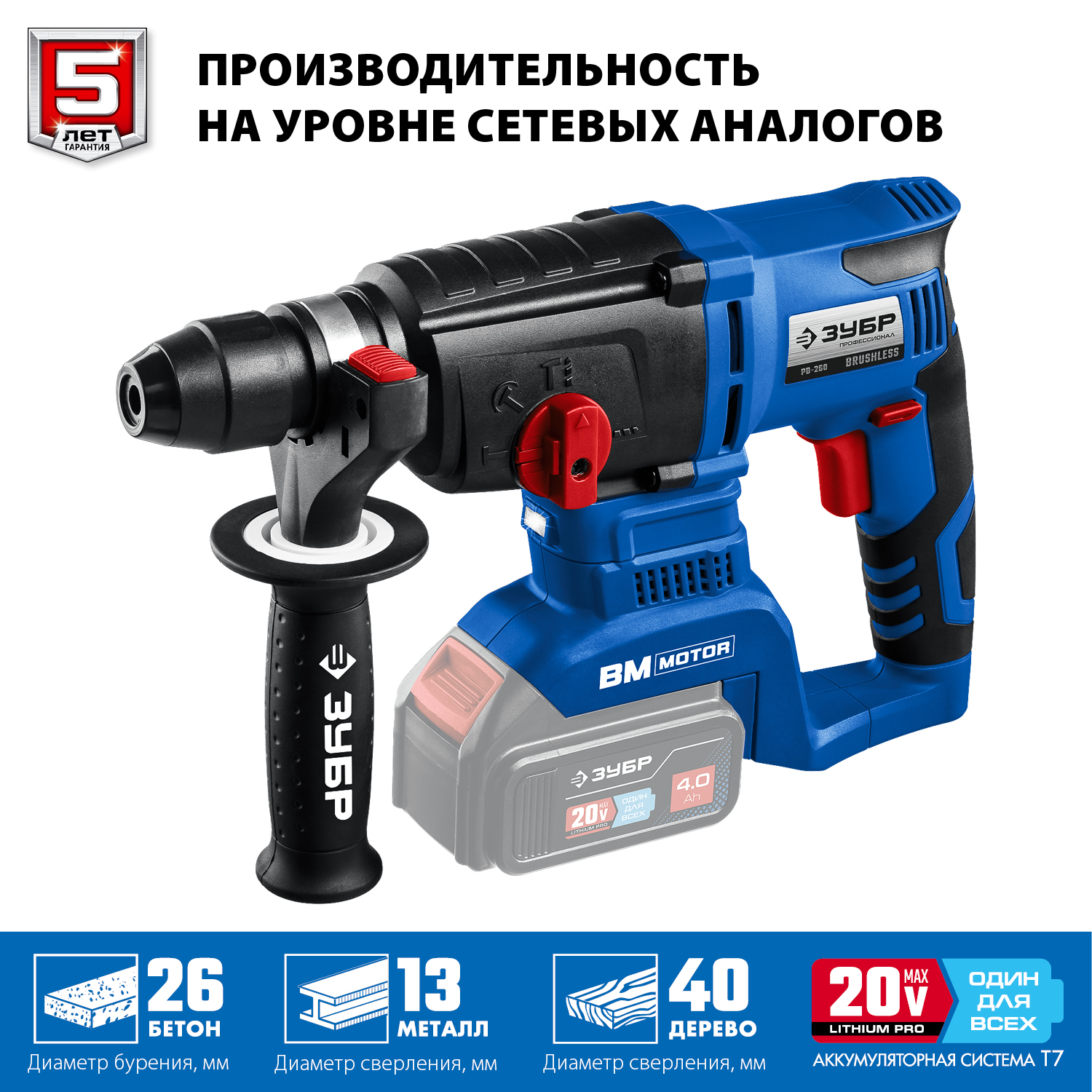 ЗУБР Т7, 20 В, 26 мм, без АКБ, бесщеточный перфоратор, Профессионал (PB-260) — фото 5
