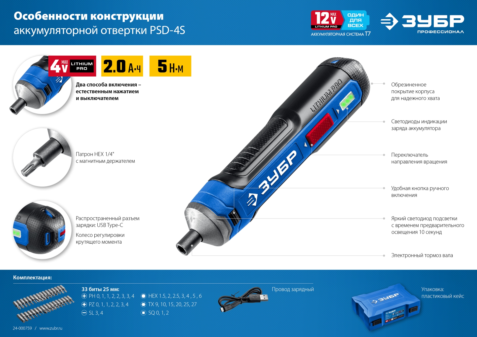 ЗУБР ZUBR GO 4 Vmax, аккумуляторная отвертка, кейс, 33 биты, Профессионал (PSD-4S) — фото 18