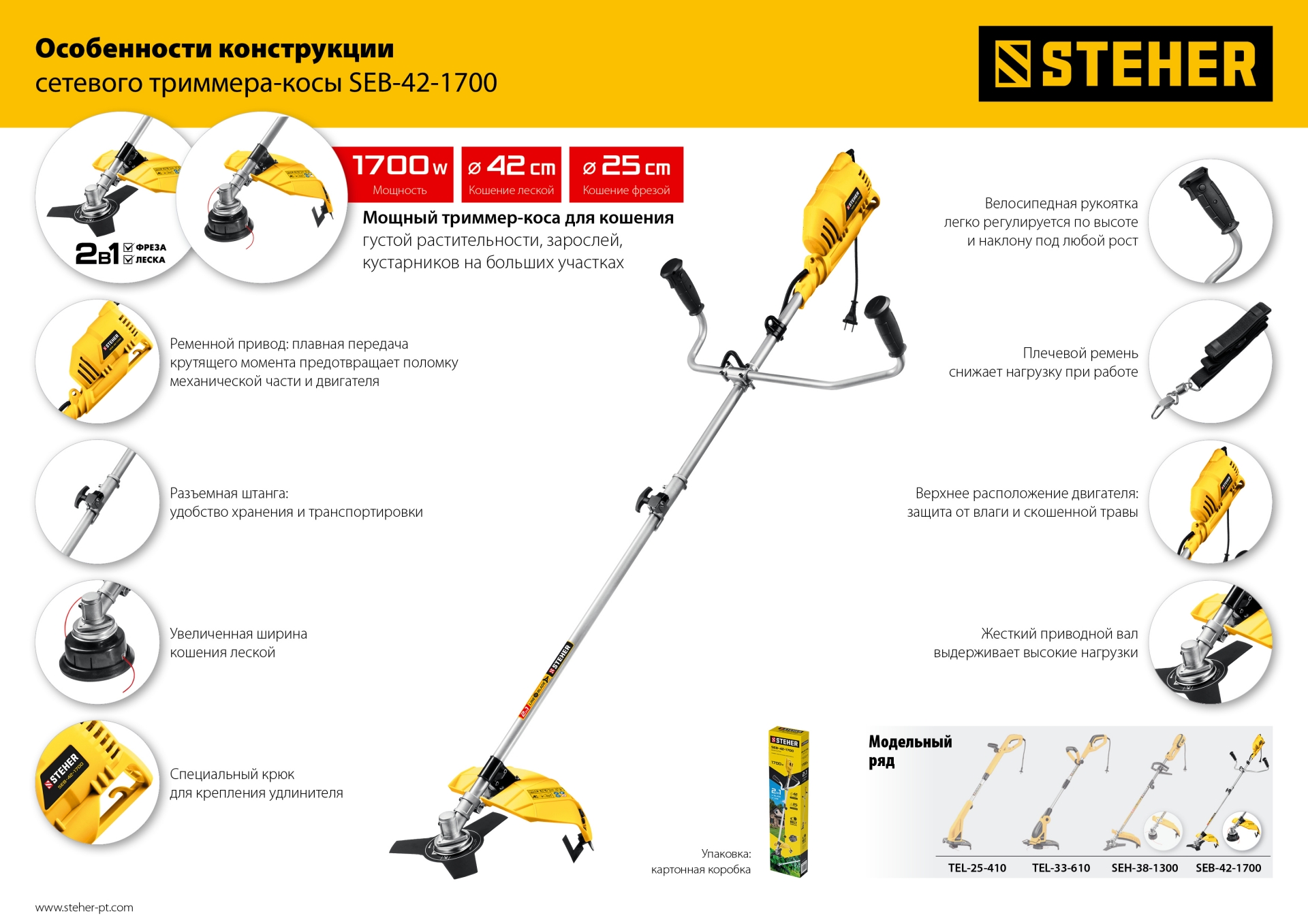 STEHER 1700 Вт, ш/с 42 см, сетевая коса (SEB-42-1700) — фото 16