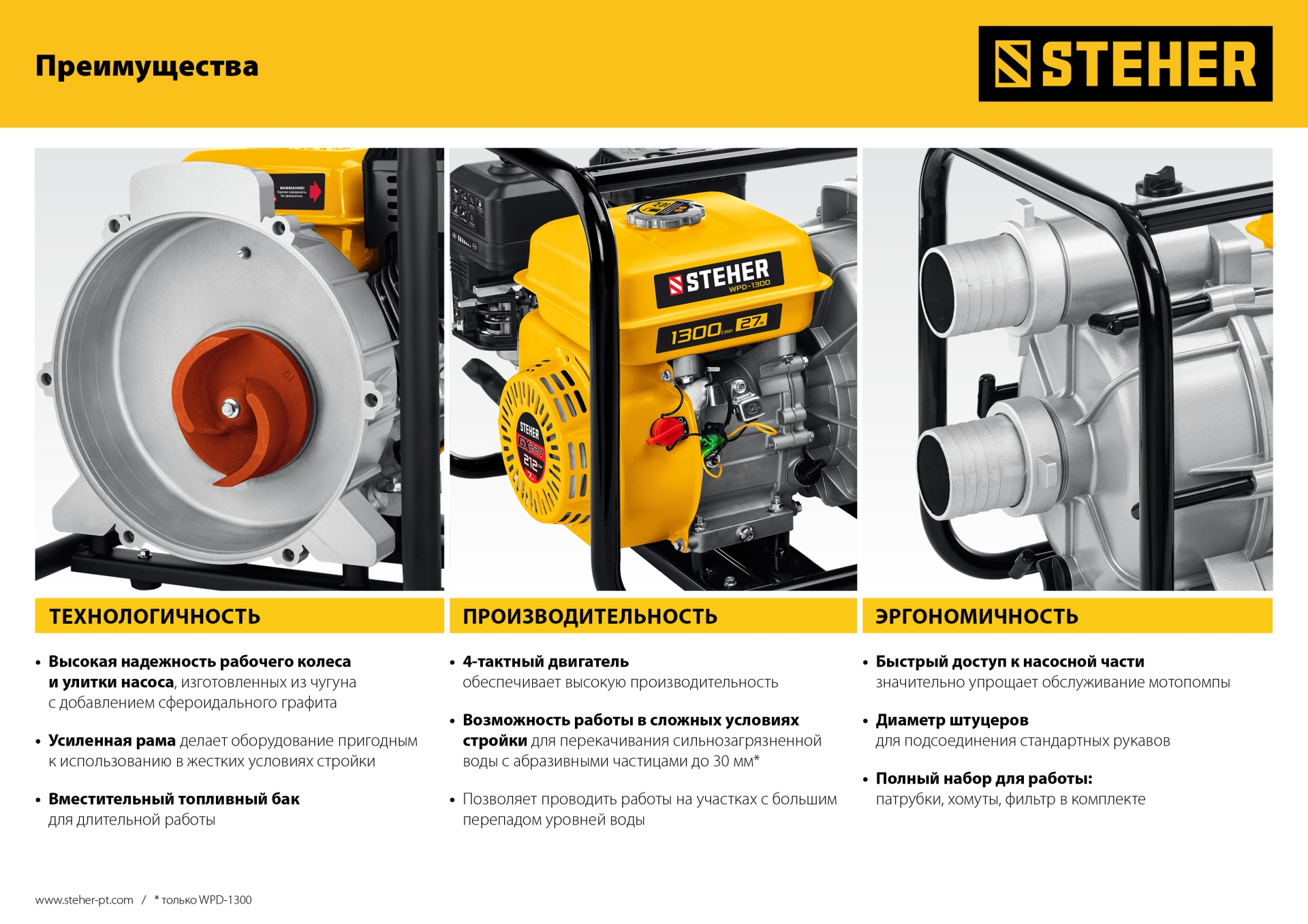STEHER 1300 л/мин, мотопомпа бензиновая для грязной воды (WPD-1300) — фото 10