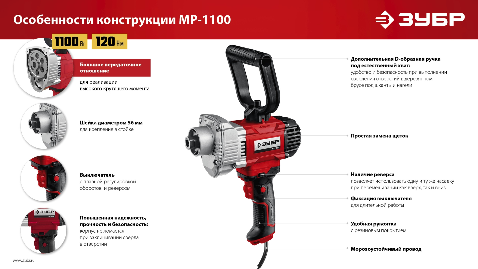 ЗУБР 1100 Вт, М14, строительный миксер (МР-1100) — фото 14