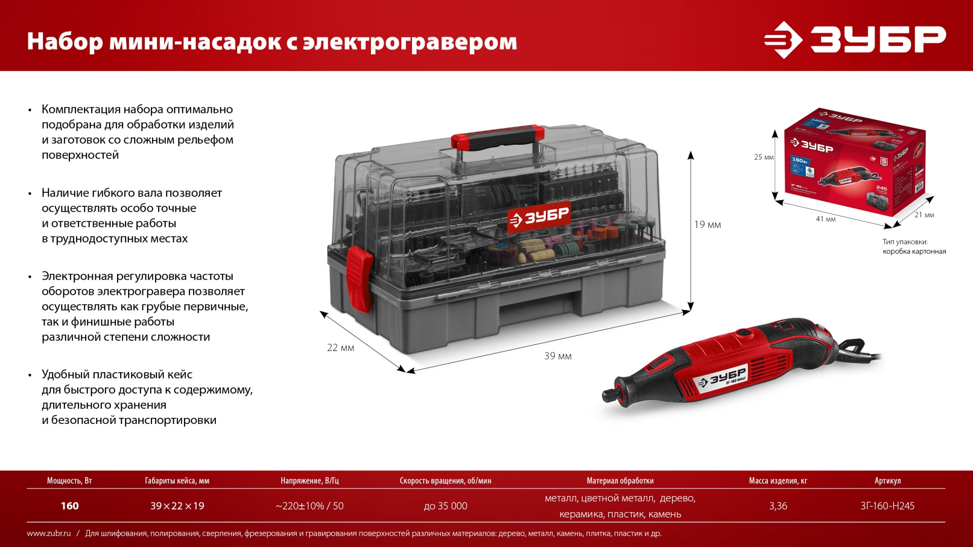 ЗУБР 245 предметов, 160 Вт, набор мини-насадок с гравером (ЗГ-160-H245) — фото 19