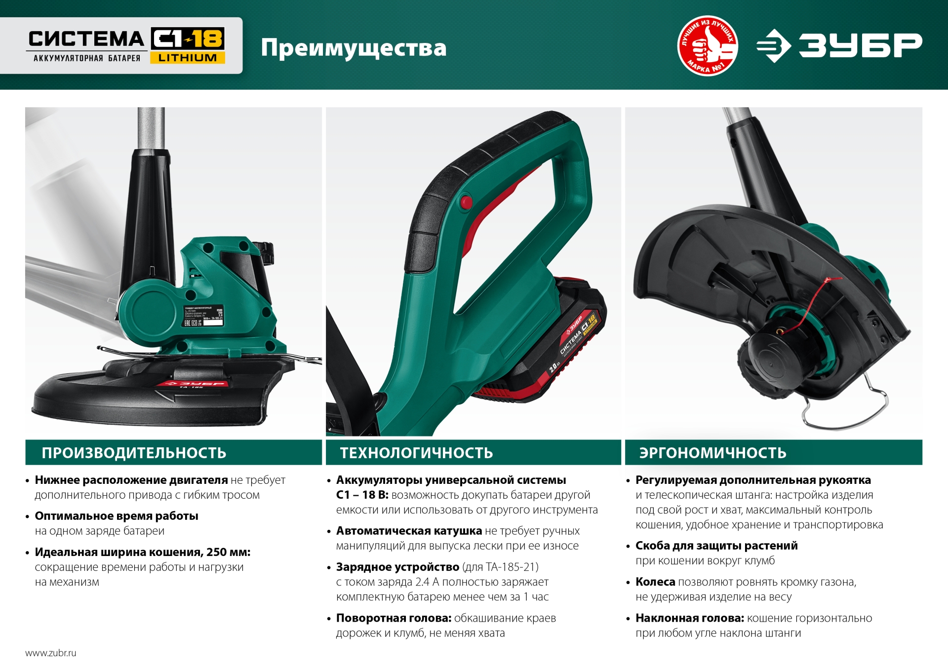 ЗУБР С1-18, 18 В, 25 см, без АКБ, аккумуляторный триммер (ТА-185) — фото 14