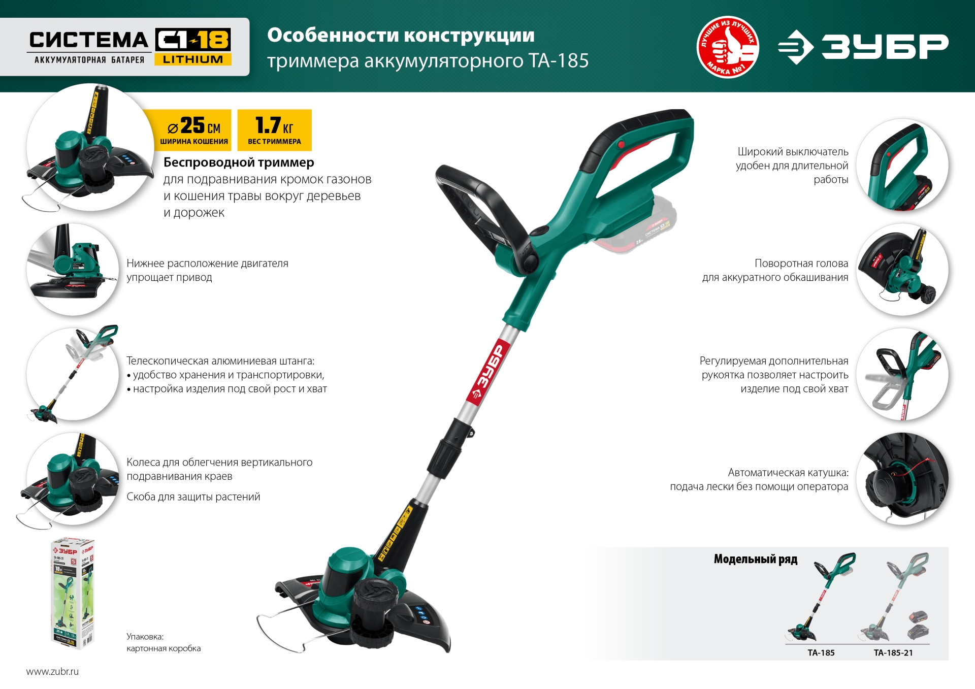 ЗУБР С1-18, 18 В, 25 см, без АКБ, аккумуляторный триммер (ТА-185) — фото 16