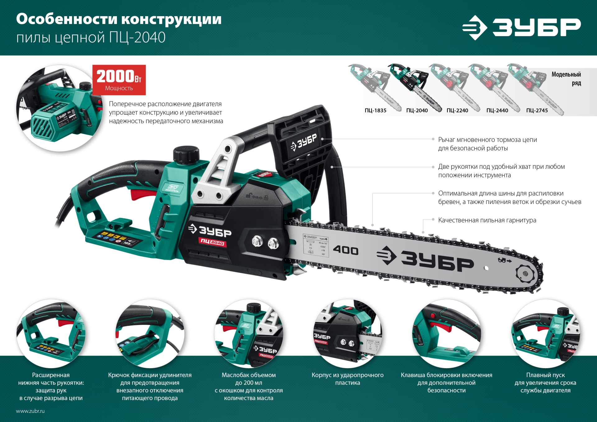 ЗУБР 2000 Вт, 40 см шина, электрическая цепная пила (ПЦ-2040) — фото 18