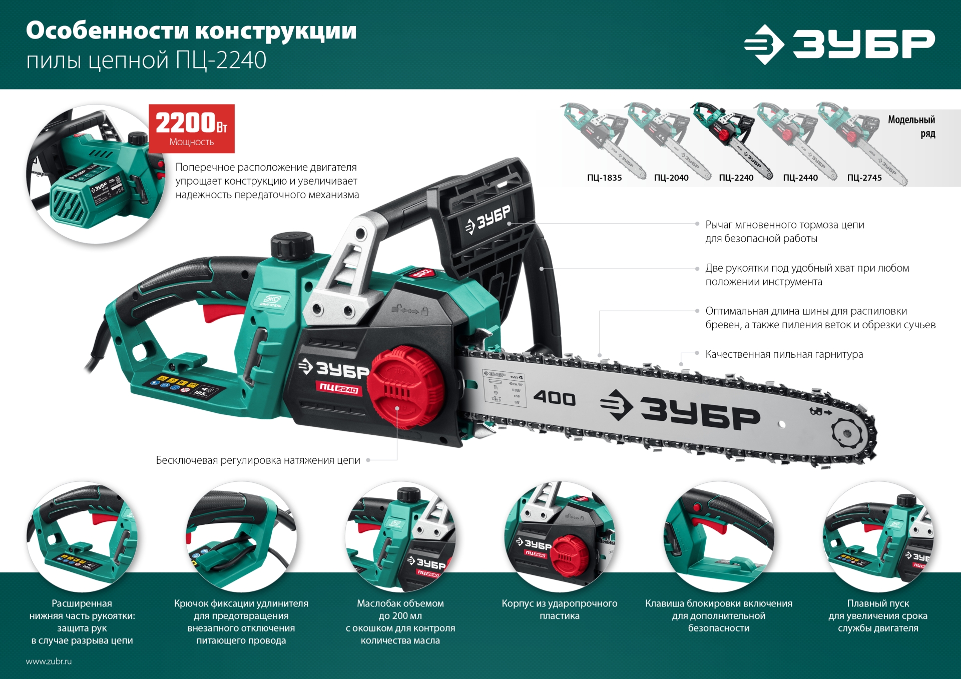 ЗУБР 2200 Вт, 40 см шина, электрическая цепная пила (ПЦ-2240) — фото 19