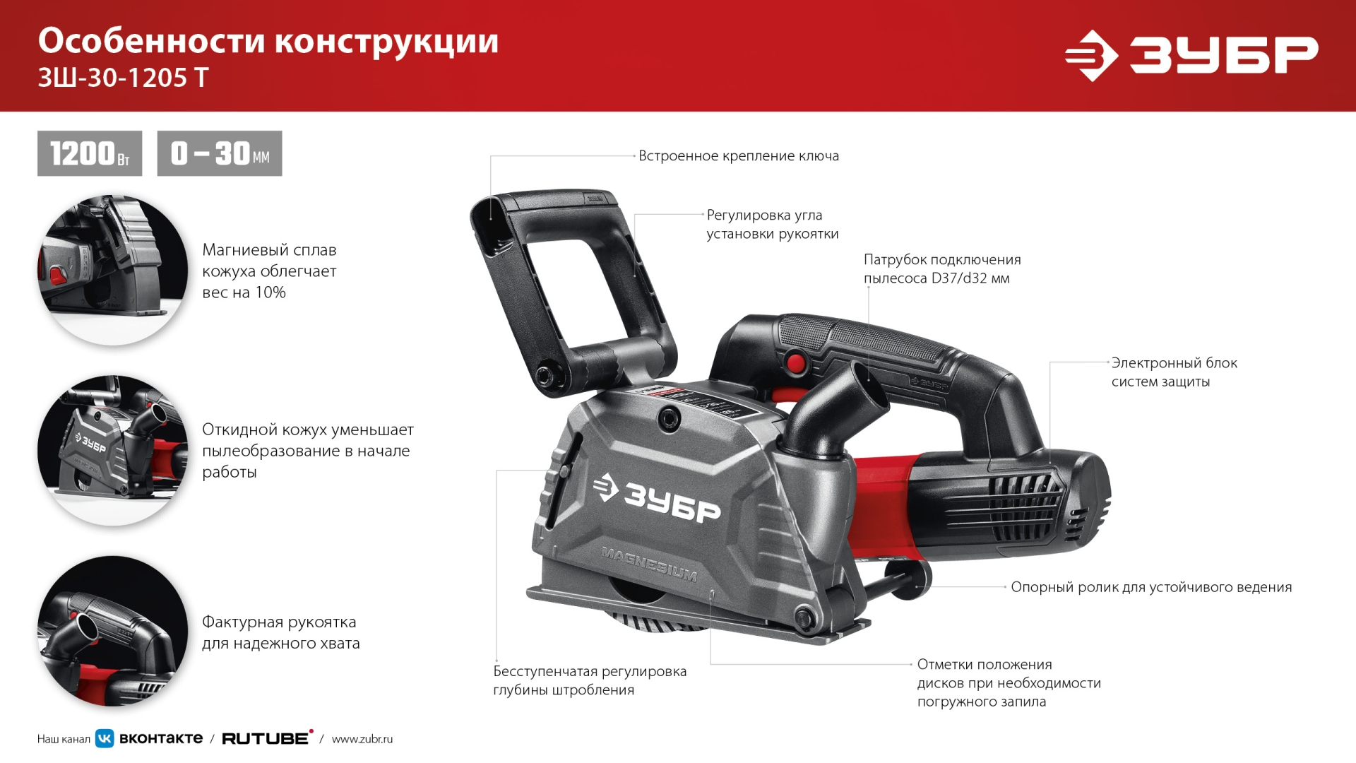 ЗУБР d 125 мм, 1200 Вт, 30 мм, штроборез (бороздодел) (ЗШ-30-1205 Т) — фото 16