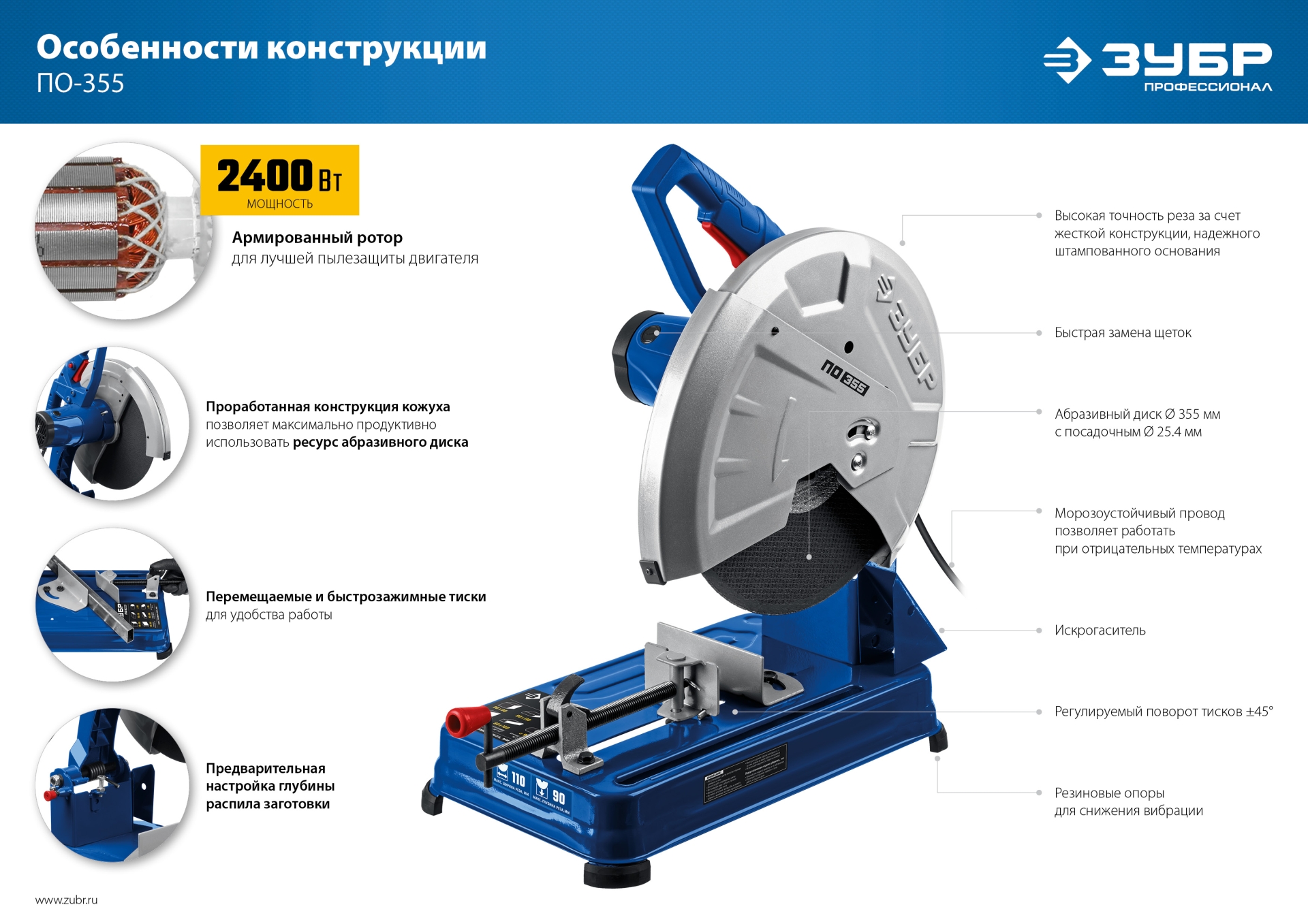 ЗУБР 355 мм, 2400 Вт, пила отрезная (монтажная) по металлу, абразив, Профессионал (ПО-355) — фото 12