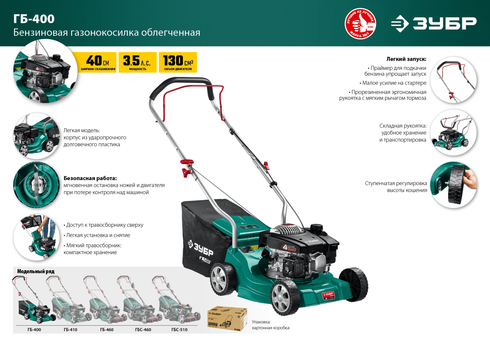 ЗУБР 400 мм, 3.5 л.с., бензиновая газонокосилка (ГБ-400) — фото 19