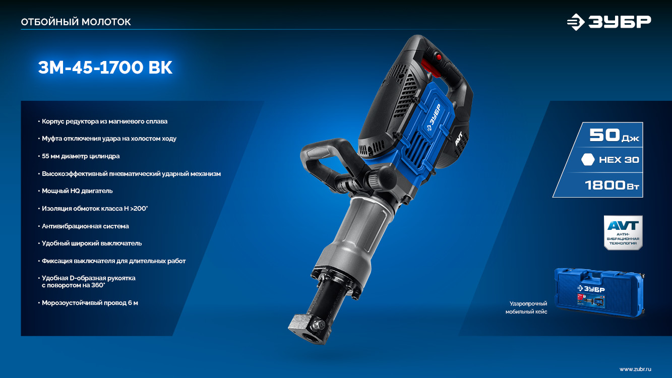 ЗУБР Бетонолом, 50 Дж, 1800 Вт, АВТ, отбойный молоток HEX-30, Профессионал (ЗМ-45-1700 ВК) — фото 14
