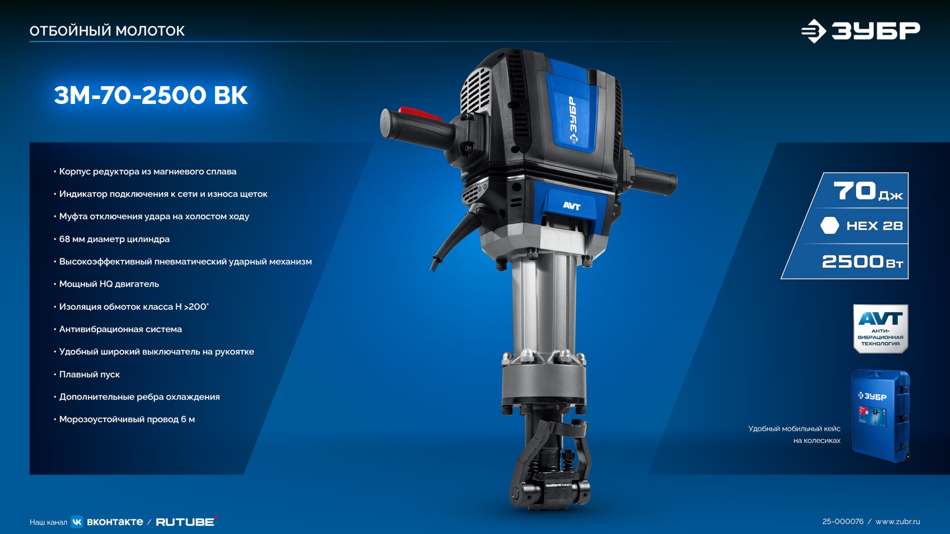 ЗУБР Бетонолом, 70 Дж, 2500 Вт, АВТ, отбойный молоток HEX-28, Профессионал (ЗМ-70-2500 ВК) — фото 18